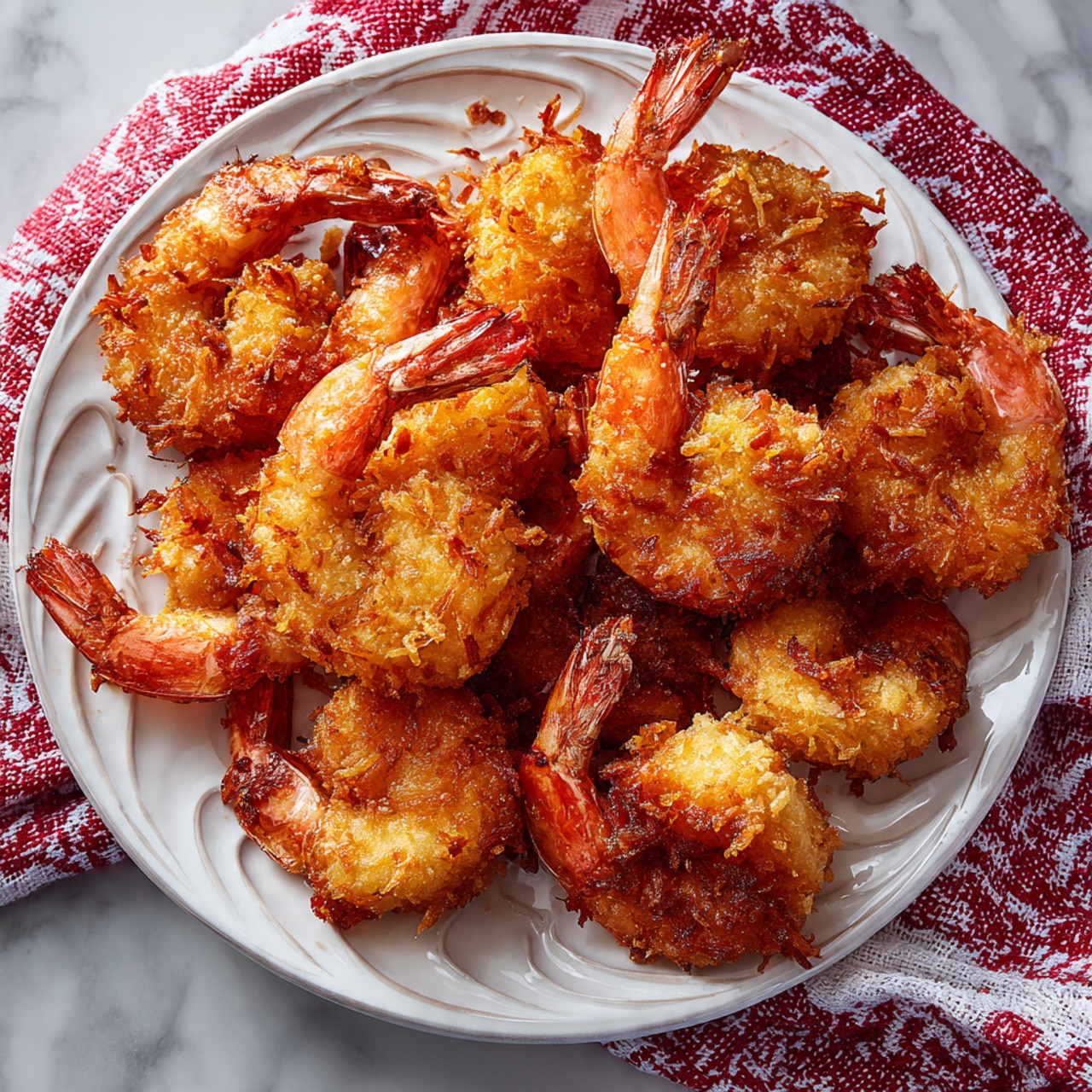 A white small bowl filled with thick red sauce that has a chunky texture and some green herbs sprinkled on top; a golden brown fried shrimp with a crunchy coating rests on the edge of the bowl, showing vibrant orange color on the shrimp tail and some green herbs scattered; in the background, a white plate holds multiple pieces of the same fried shrimp on a white marbled surface with a red checkered cloth nearby. photo taken with an iphone --ar 4:5 --v 7