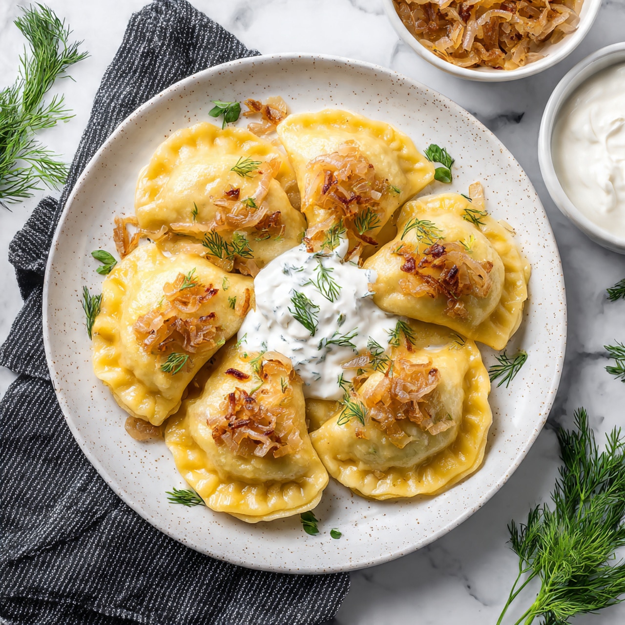 The dish shows five golden-yellow, folded dumplings arranged in a slightly overlapping circle on a white speckled plate. The dumplings are topped with small pieces of light brown sautéed onions and small green dill leaves scattered around. In the middle of the dumplings is a dollop of white creamy sauce with bits of dill and onion mixed in. To the top right and slightly behind the plate are two white bowls; one filled with more sautéed onions and the other with thick white cream. The background is a white marbled surface with a dark gray striped cloth partially visible under the plate, and some fresh dill sprigs are placed on the bottom right. Photo taken with an iphone --ar 4:5 --v 7