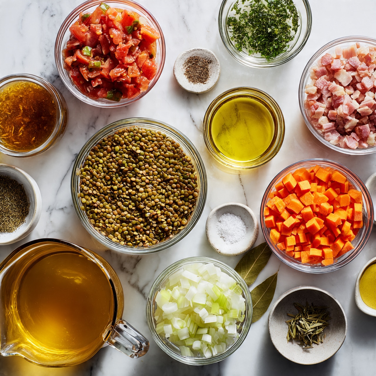 The image shows an overhead view of many small glass bowls arranged on a white marbled surface, each holding a different cooking ingredient. Starting from the top left, there is a bowl with chunky red tomatoes, next to it a small bowl with chopped green herbs. Below that is a bowl full of green lentils. In the center, a bowl with chopped pink bacon sits surrounded by bowls containing minced garlic, golden olive oil, white salt, and black pepper. Further right, a bowl with bright orange diced carrots and below that a larger bowl with finely chopped white onions are visible. Near the bottom left, a large glass pitcher holds a golden yellow broth, next to a bowl with diced celery and small bowls containing dried herbs and two bay leaves. The items are arranged neatly and show rich colors and clear textures, all shown on a clean white marbled surface photo taken with an iphone --ar 4:5 --v 7