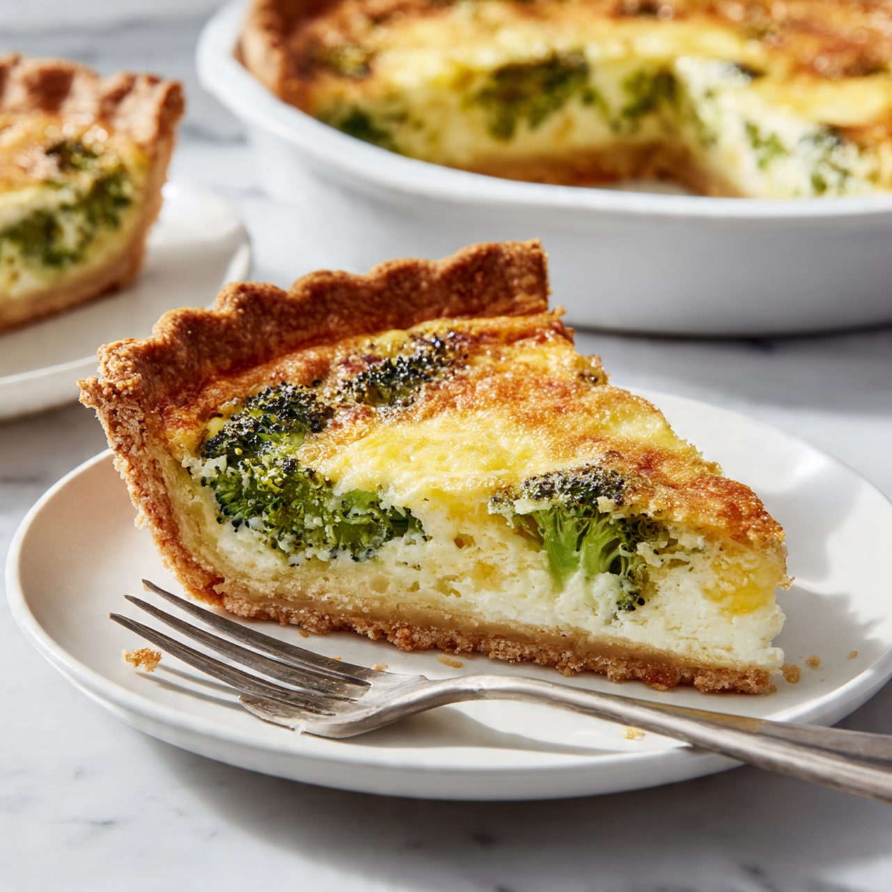 A round white ceramic dish holds a baked quiche with a golden-brown top that looks soft and slightly crispy on the edges. The surface shows patches of melted cheese with some spots of green herbs or vegetables peeking through. The quiche fills the dish fully, sitting on a white marbled surface. The texture on top is a mix of smooth and slightly bubbled, showing the baking process. photo taken with an iphone --ar 4:5 --v 7