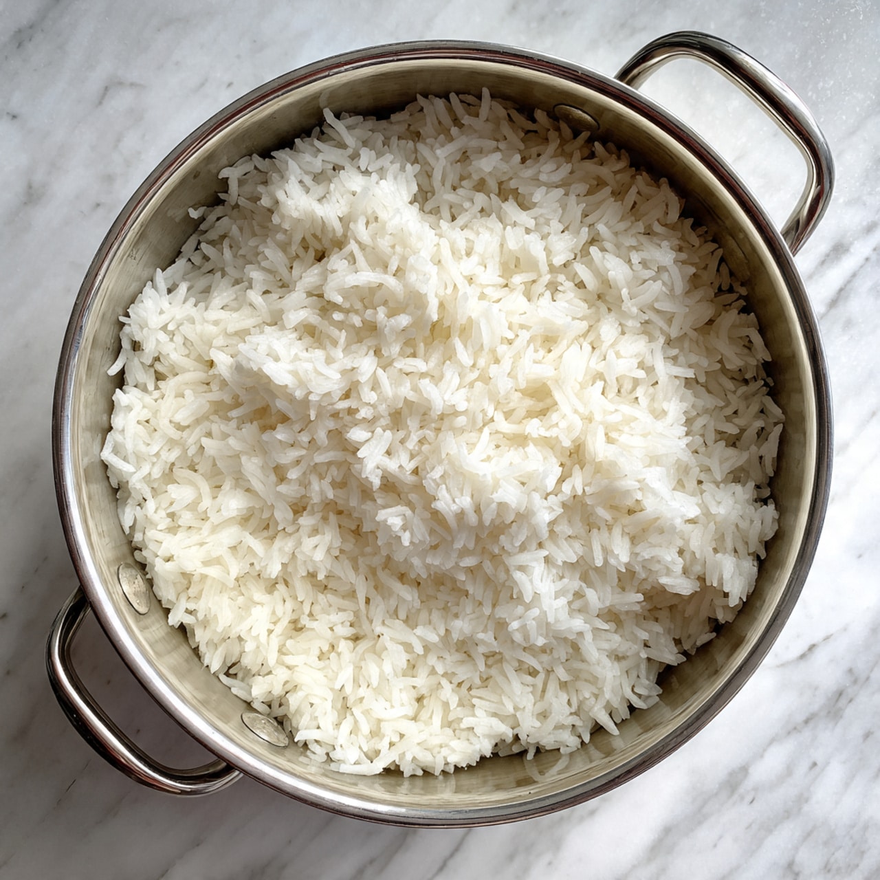 A close-up view of cooked white rice filling a shiny silver pot. The rice grains are fluffy, separated, and mostly white with slight translucence. The pot is circular with a smooth metal surface and a handle visible on the left side. The background is a white marbled texture. photo taken with an iphone --ar 4:5 --v 7