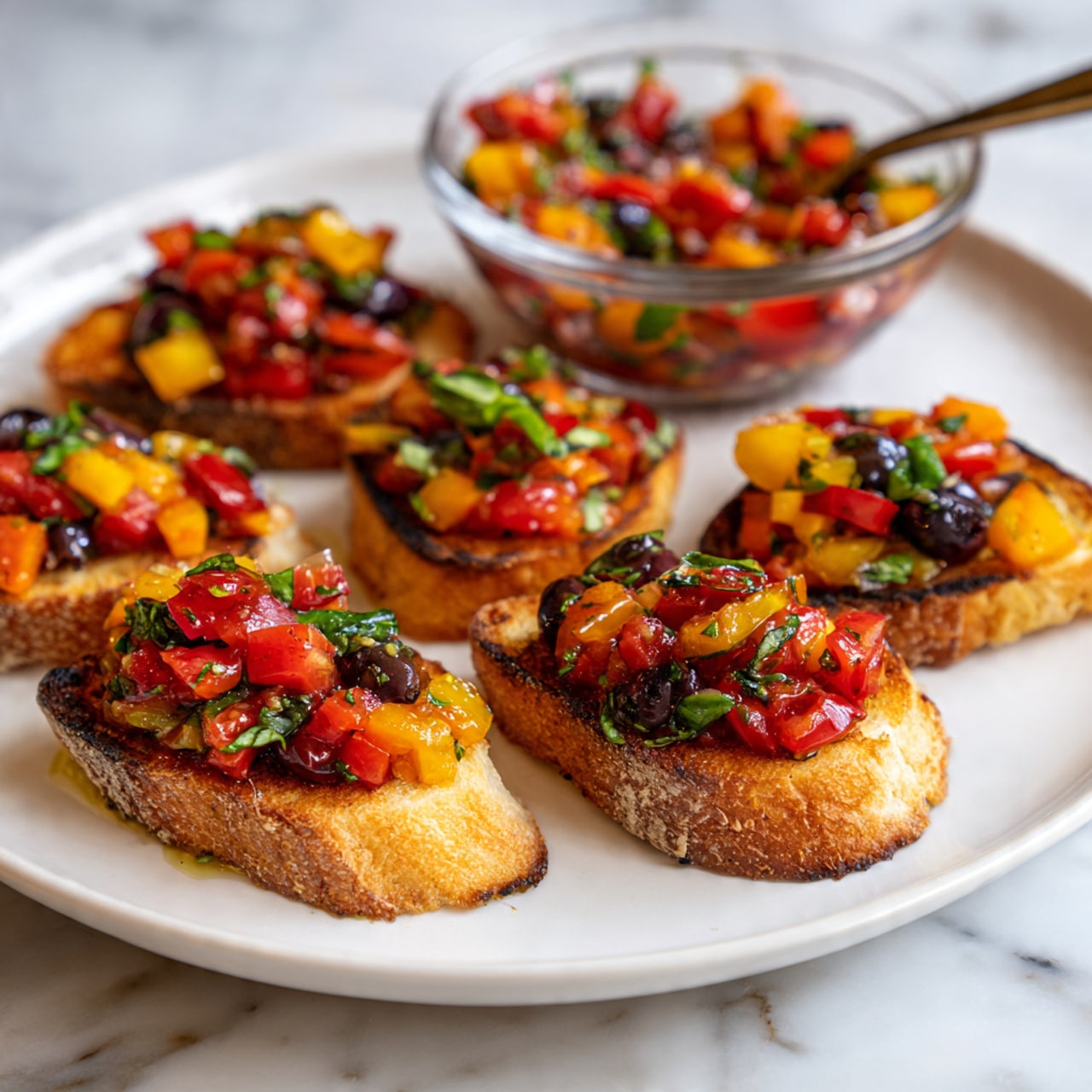 The image shows a white plate with five pieces of toasted bread placed in a circle. Each toast is topped with a colorful mix of diced red tomatoes, yellow and orange peppers, finely chopped black olives, and fresh green basil leaves. The bread slices have a golden brown crispy texture with slight charring on the edges. The topping looks moist and glossy, with some juice slightly dripping onto the plate. At the back of the plate, there is a clear glass bowl filled with the same tomato and olive mixture, with a silver spoon resting inside. The background features a white marbled surface. photo taken with an iphone --ar 4:5 --v 7