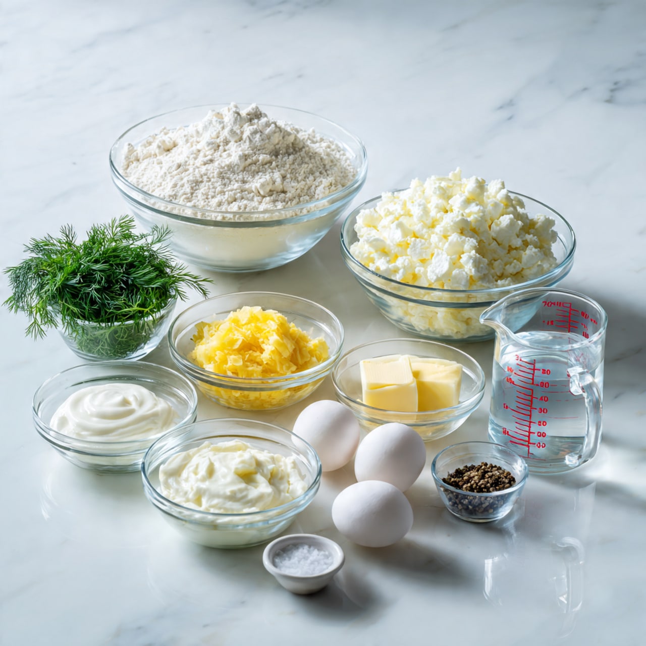 The image shows various ingredients neatly placed in clear glass bowls on a white marbled surface. The largest bowl on the left holds a heap of white flour with a soft texture. Next to it is a medium bowl filled with chunky white cottage cheese. On the right side, there is a big bowl filled with finely chopped white onions. In front, smaller bowls hold creamy white sour cream, a small bunch of fresh green dill, a bright yellow scoop of mashed potatoes, a small portion of clear oil, and a small block of pale yellow butter. Two white eggs sit side by side in a small bowl. There are also two tiny bowls, one with coarse black pepper and the other with white salt. A clear glass measuring cup with water is placed on the right side, showing red measurement markings. The items are arranged in a balanced and clean layout, with soft natural lighting illuminating the scene. photo taken with an iphone --ar 4:5 --v 7