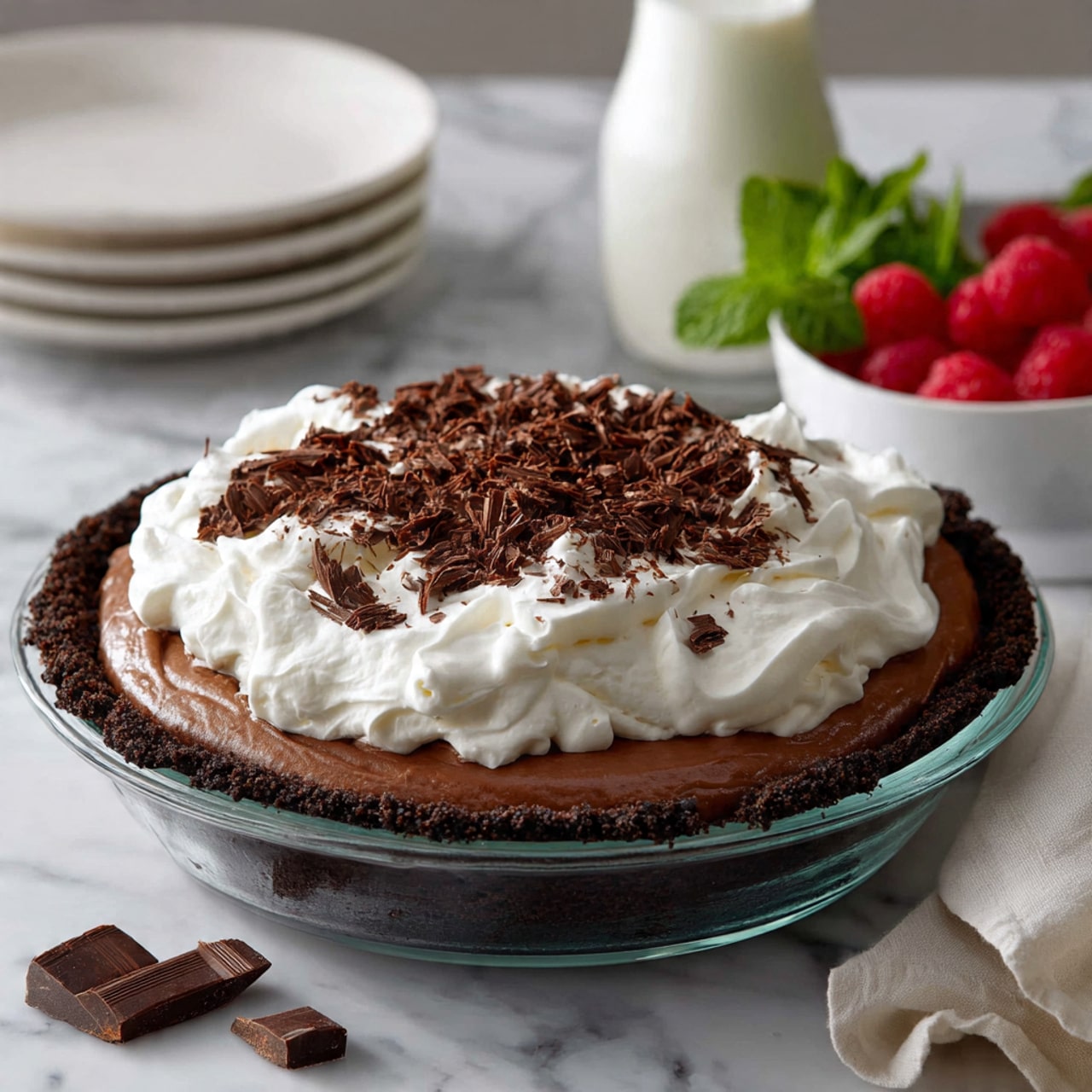 The image shows a three-layer chocolate pie in a clear glass dish on a white marbled surface. The bottom layer is a dark, crumbly crust that is firm and textured. On top of the crust is a smooth, rich chocolate filling with a deep brown color. The third layer is a thick, fluffy white whipped cream spread unevenly over the chocolate. Dark chocolate curls are scattered generously over the whipped cream, adding a textured look. Around the pie are a few loose chocolate curls, a small white bowl filled with bright red raspberries and green mint leaves, a glass and a bottle filled with milk, and a stack of white plates in the background. Photo taken with an iphone --ar 4:5 --v 7