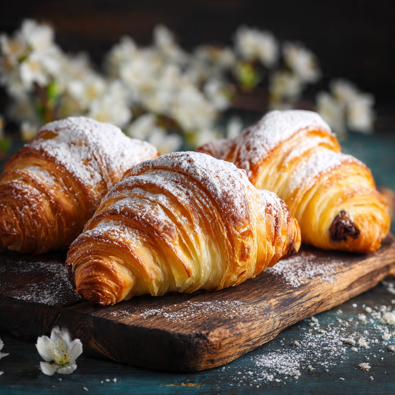 The image shows three golden-brown croissants with a light dusting of white powdered sugar on top, arranged on a rustic wooden cutting board. The croissants have visible layers of flaky pastry with a slightly shiny texture from baking, and the ends show a darker chocolate filling inside. The background is dark, with soft-focus white flowers that create a gentle contrast, and the surface below the board has scattered powdered sugar crystals. The overall setting is cozy and warm. photo taken with an iphone --ar 4:5 --v 7