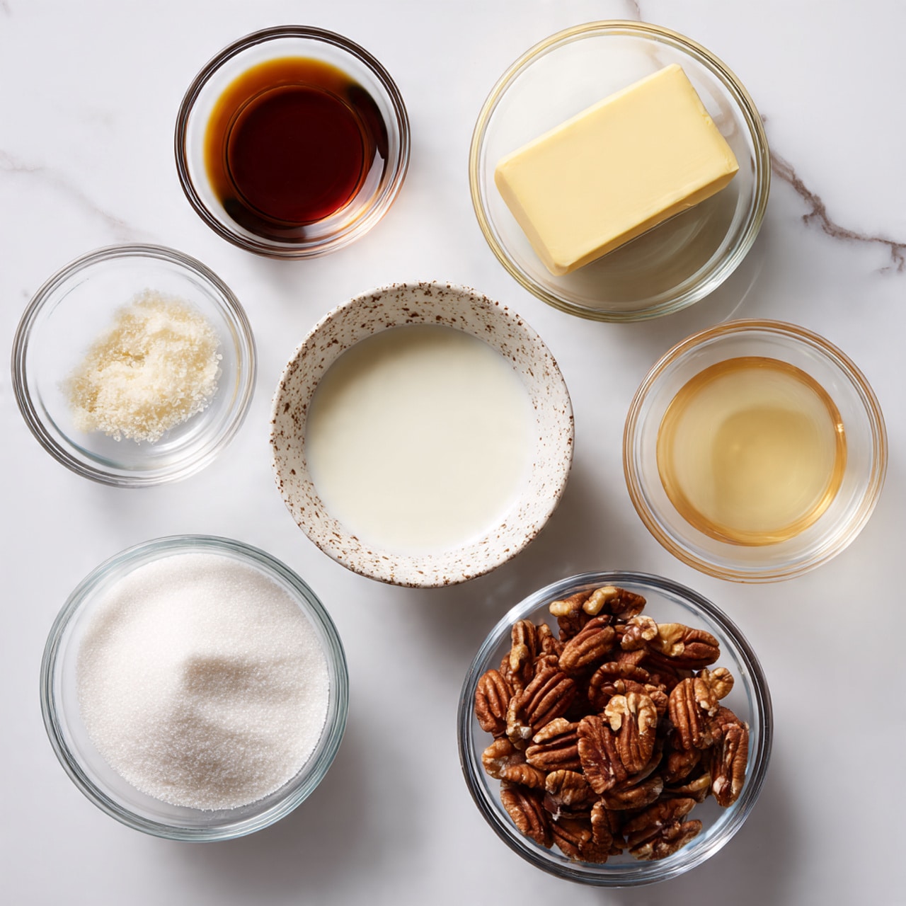 A top-down view shows seven clear glass bowls arranged on a white marbled surface, each holding a different ingredient. Starting from the top left, a small bowl contains dark brown syrupy liquid, next to it a similar bowl holds a pale yellow block of butter. Moving right, a larger bowl with a speckled rim is filled with white cream or milk. Below the syrup, a small bowl holds light brown liquid, next to it a tiny bowl contains white granulated salt. At the bottom left, a large bowl is filled with fine white sugar, and next to it on the right, a medium bowl holds whole pecans with rich brown and tan textures. photo taken with an iphone --ar 4:5 --v 7