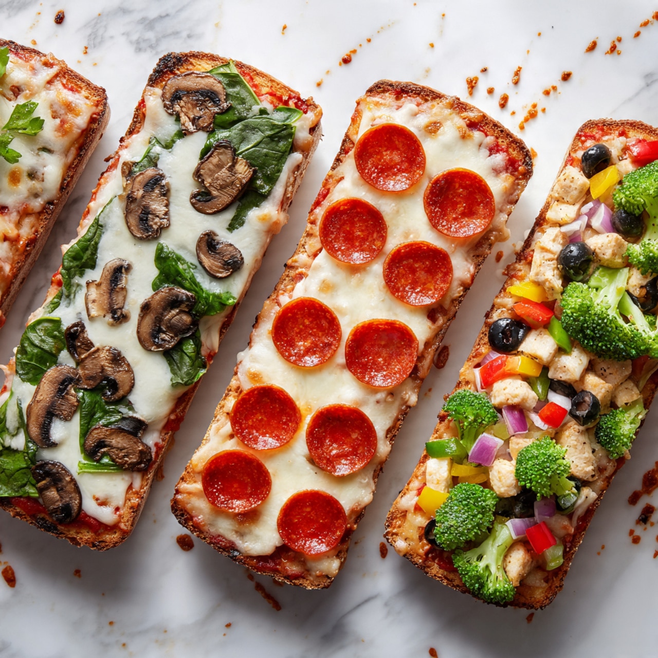 Three slices of white bread lie side by side on a white marbled surface, each covered with a layer of red tomato sauce topped evenly with shredded white cheese. Some cheese has spilled over the edges and onto the surface. In the lower left corner, there is a white bowl filled with more shredded white cheese. The overall look is fresh, simple, and ready to be baked. Photo taken with an iphone --ar 4:5 --v 7