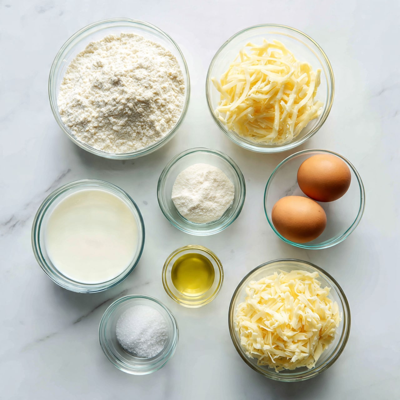 The image shows seven clear glass bowls arranged on a white marbled surface. The top row has three bowls: on the left, a large bowl filled with white flour, in the center a bowl with shredded pale yellow cheese, and on the right, a bowl with two brown eggs. Below, there are four bowls: on the left, a bowl filled with white milk, next to it a very small bowl with white baking powder, then another small bowl with white salt, and on the right, a bowl filled with finely grated pale yellow cheese. In the middle bottom, there is a small bowl with clear light yellow oil. The bowls are clean and evenly spaced, with soft, natural light illuminating the ingredients. photo taken with an iphone --ar 4:5 --v 7
