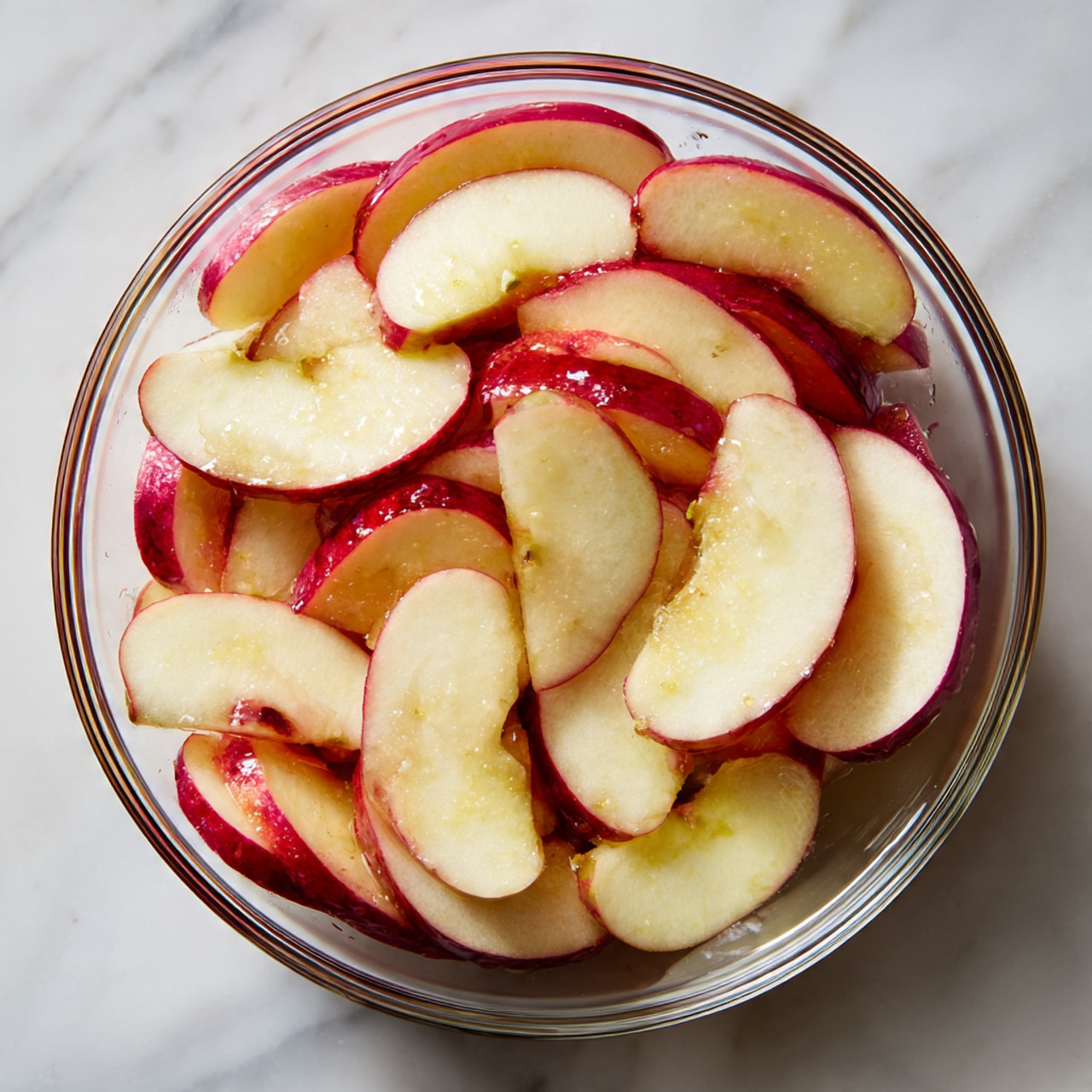 A clear glass bowl filled with many apple slices, mostly pale yellow with bright red edges from the skin. The slices are uneven in size and layered loosely on top of each other, showing their smooth, juicy texture and slightly coated with a light, shiny layer of sugar or syrup. The bowl sits on a white marbled surface that adds a clean and soft look to the scene. photo taken with an iphone --ar 4:5 --v 7