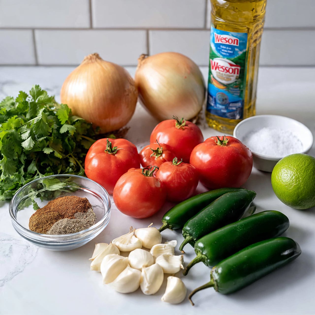 The image shows a white marbled surface with fresh ingredients neatly arranged in a single layer across it. On the left, there is a bunch of green cilantro with leafy texture. Next to it, two whole onions with smooth skins, one light yellow and the other light brown, are placed side by side. In the middle, four bright red tomatoes with green stems are grouped together, forming a small cluster. To the right of the tomatoes, three dark green jalapeño peppers with shiny skins lie close to each other. Below the peppers, five peeled garlic cloves with creamy white color are spread out. Above these, a small clear glass bowl holds a mix of brown spices. Behind the ingredients, a large clear plastic bottle of Wesson vegetable oil with a blue label stands upright. On the far right, a small white bowl holds fine white salt, and a whole green lime rests next to it. The background is a white tiled wall and the setting is well-lit with soft natural light. photo taken with an iphone --ar 4:5 --v 7