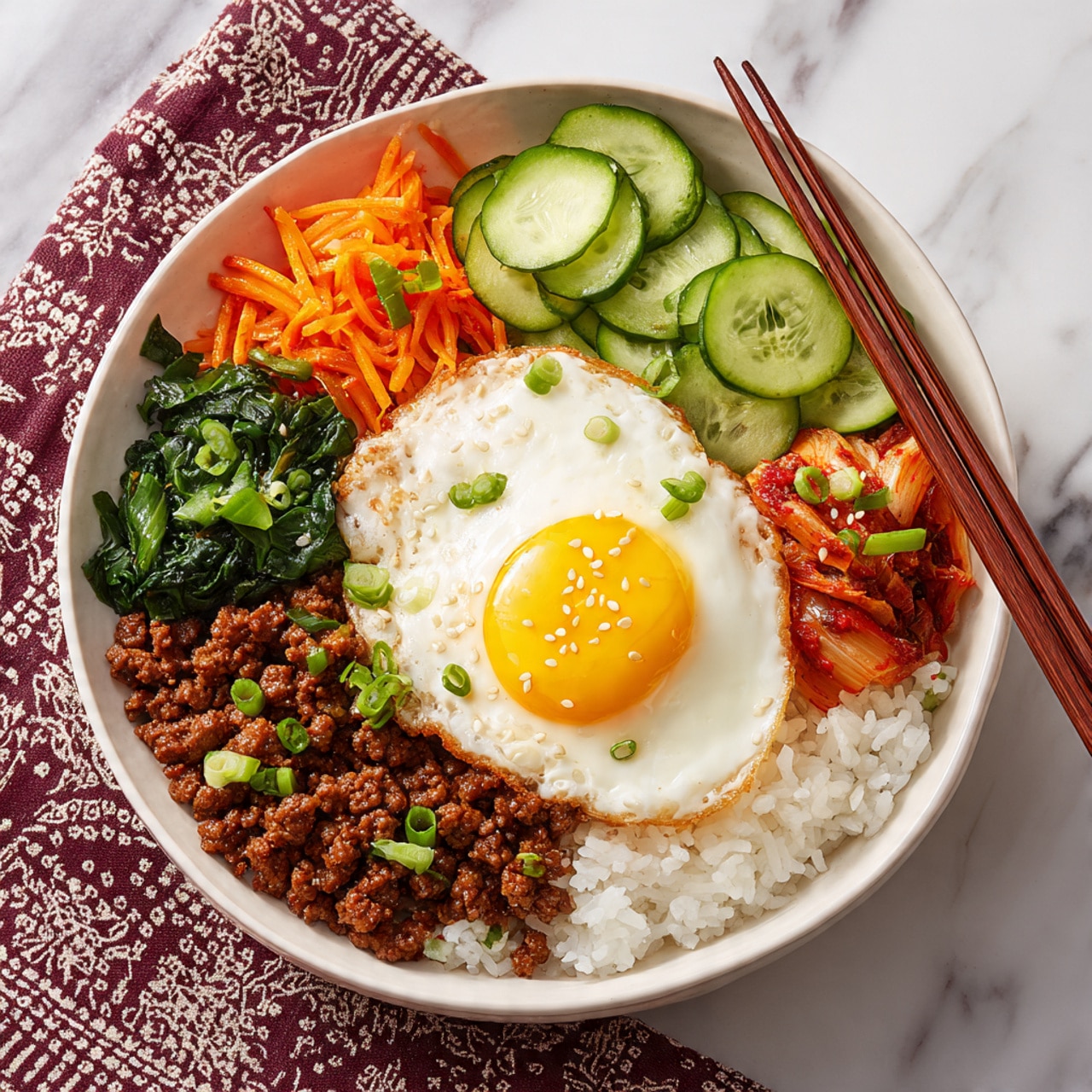 A white bowl sits on a white marbled surface with a layer of white rice at the base. On top, there are several sections of different foods arranged side by side: cooked ground beef, dark brown with green sliced scallions sprinkled on top; fresh cucumber slices in a row, light green and crisp; a sunny-side-up fried egg with a bright yellow yolk and white edges; chopped kimchi with orange and red tones; shredded orange carrots; and dark green cooked spinach. The ingredients are neatly placed, creating a colorful and balanced look. A pair of chopsticks rests to the right of the bowl. Photo taken with an iphone --ar 4:5 --v 7