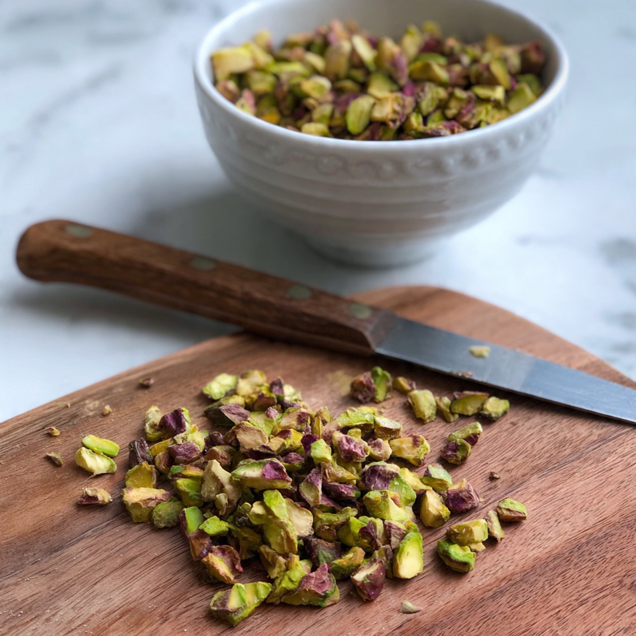 The image shows small pieces of chopped pistachios in the front on a wooden surface. Behind the pistachios, there is a knife with a wooden handle lying flat. In the background, there is a white bowl filled with more chopped pistachios, slightly blurred. The whole scene is set on a white marbled surface. photo taken with an iphone --ar 4:5 --v 7