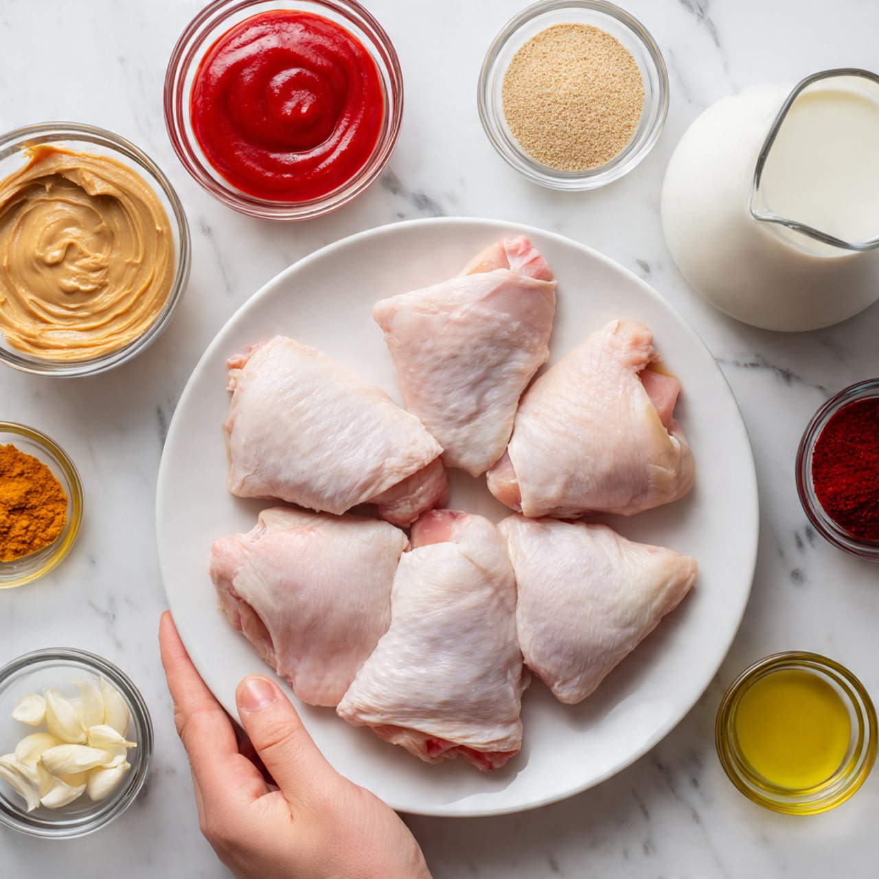In the image, there is a white plate at the center with five raw pink chicken thighs stacked closely, showing smooth skin with a light sheen. Around the plate, small clear glass bowls hold various ingredients; clockwise from the top left, there is a bowl of creamy light tan peanut butter, a bright red sauce with a thick texture, light brown sugar with a grainy texture, a deep red ketchup-like sauce, a small bowl of light beige powder, a small bowl of chunky red paste, a medium clear glass pitcher filled with smooth white coconut milk, a small bowl of bright orange turmeric powder, a small bowl of clear yellow oil, minced white garlic cloves in another small bowl, a bowl of black soy sauce, and a clear liquid in another bowl. All the items are placed on a white marbled surface. photo taken with an iphone --ar 4:5 --v 7