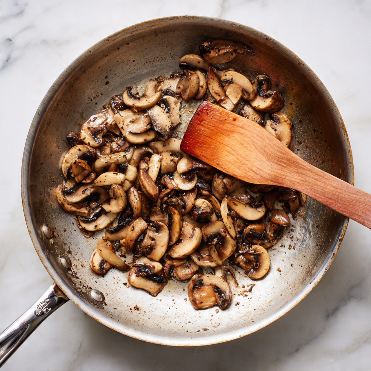 A silver frying pan on a white marbled surface with slices of cooked brown mushrooms spread unevenly inside. A wooden spatula with a slightly darker tip rests inside the pan, touching the mushrooms. The pan has a metallic shine with some oil marks and light brown spots from cooking. The handle of the pan extends out to the left side of the image. photo taken with an iphone --ar 4:5 --v 7