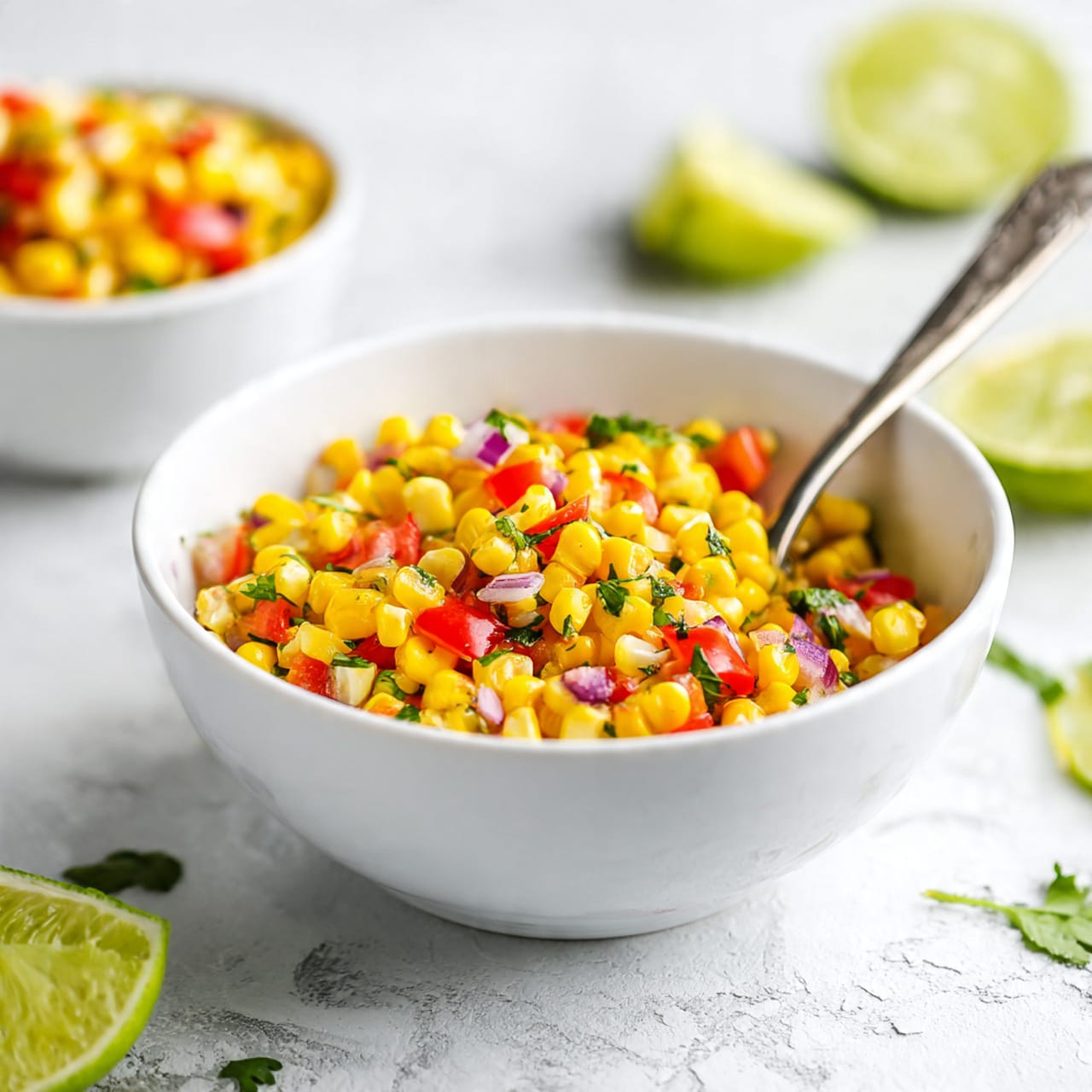 A white bowl filled with a colorful corn salad sits on a white marbled surface. The salad has bright yellow corn kernels, small red tomato pieces, and chopped green herbs mixed with tiny bits of purple onion, creating a fresh, textured look. Inside the bowl, a silver spoon rests on top of the salad, partly submerged. Around the bowl, lime halves and quarters with bright green skin and juicy pale green insides are scattered. Another smaller white bowl with the same salad is partially visible in the bottom left corner. The whole setting is bright and fresh with natural light. photo taken with an iphone --ar 4:5 --v 7