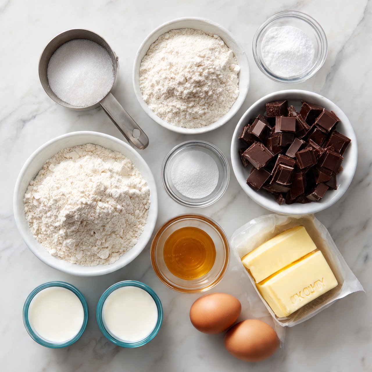 The image shows various baking ingredients arranged neatly on a white marbled surface. There are two white bowls, one filled with flour and the other with chocolate chunks. A metal measuring cup holds flour and is placed near the top. Three small clear glass bowls contain white sugar, baking powder, and salt. Two eggs rest side by side near the bottom right, next to a small block of butter on its wrapper and a small clear bowl of honey. There are also two small plastic containers filled with cream and milk placed near the center. The setup is clean and well-organized, ready for baking photo taken with an iphone --ar 4:5 --v 7