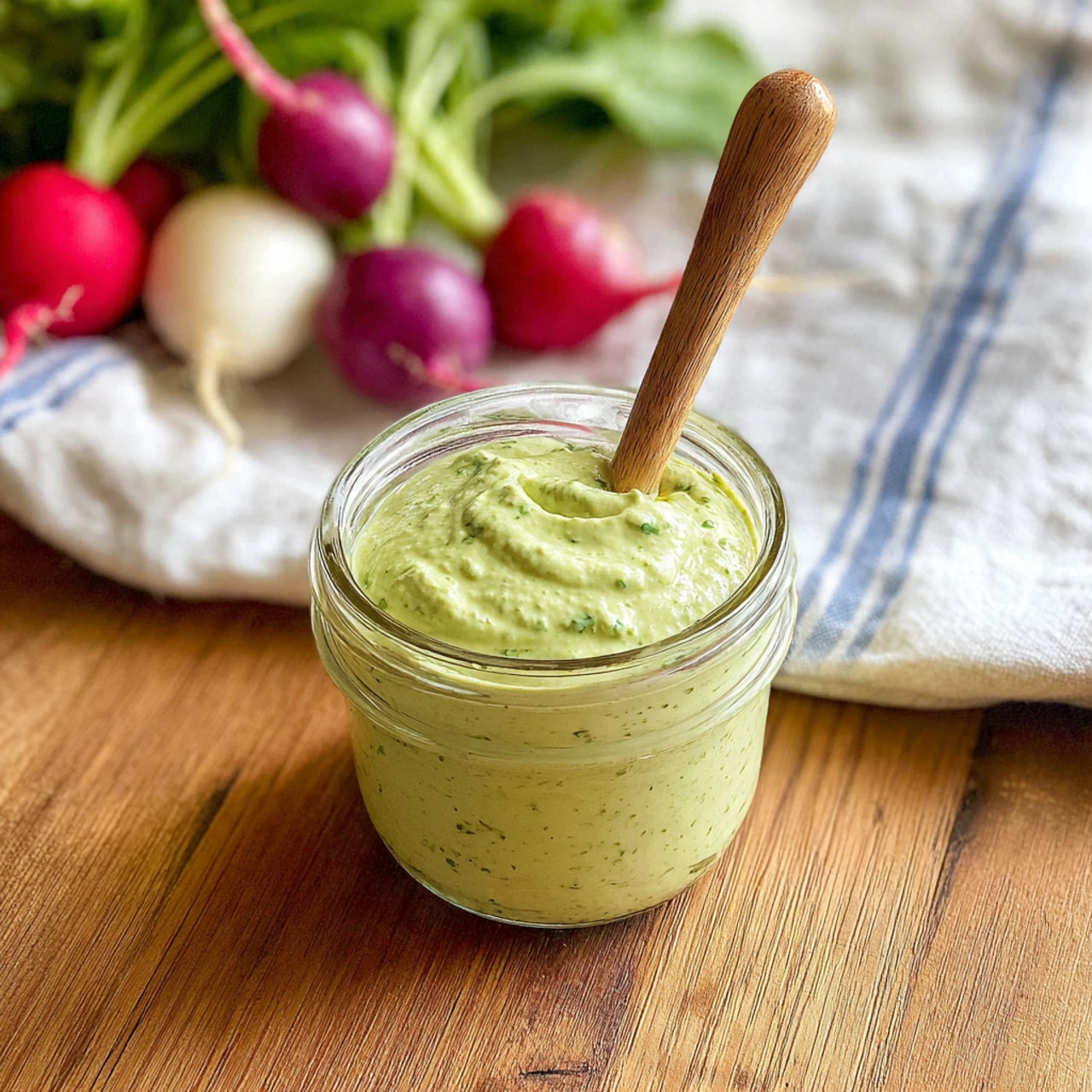 A clear glass jar filled with thick, creamy green sauce with visible herb bits, a wooden handle spoon resting inside the jar, placed on a wooden surface. To the left, some fresh radishes in red, white, and purple with green leaves are slightly blurred in the background, resting on a white cloth with blue stripes. photo taken with an iphone --ar 4:5 --v 7