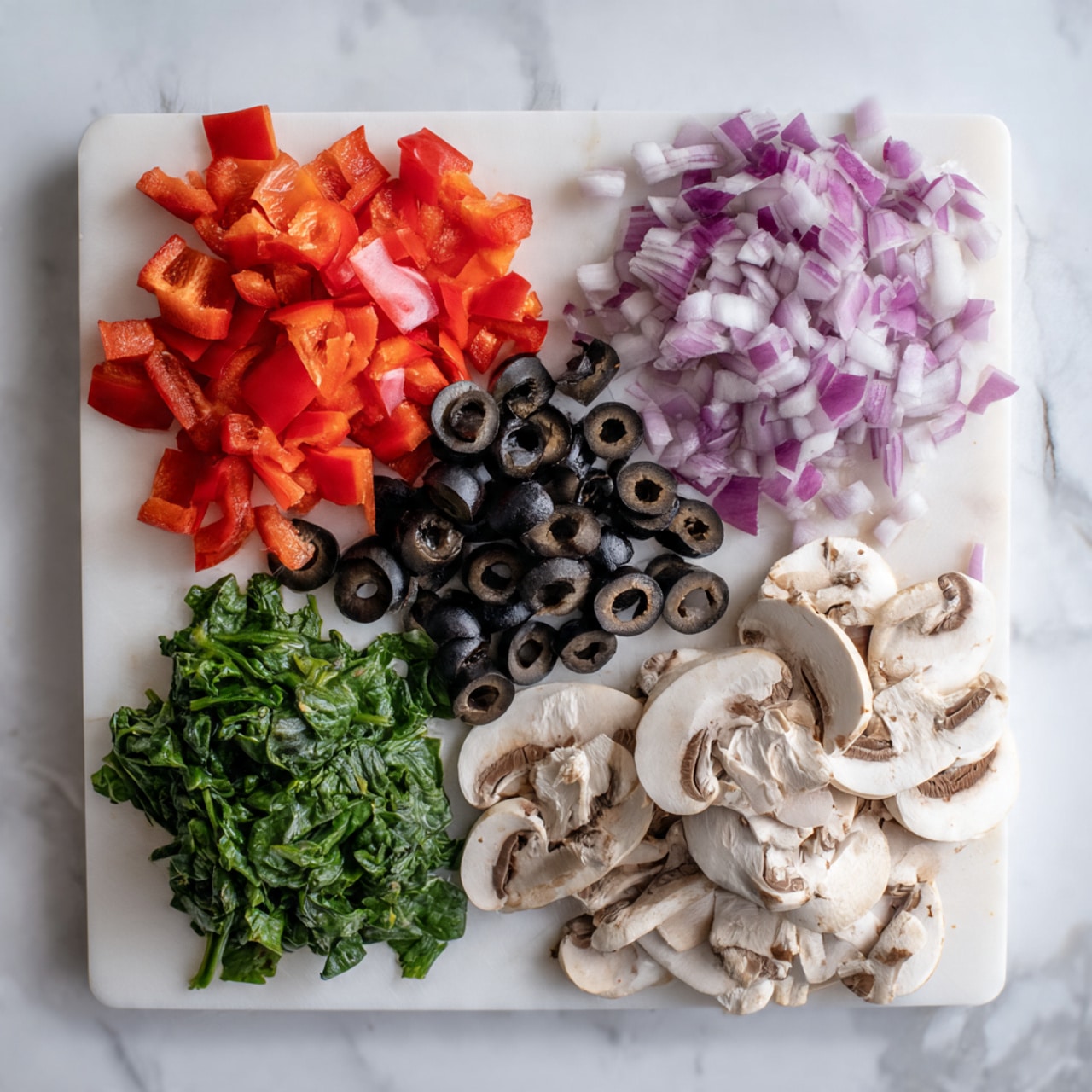 The image shows a white board with five piles of chopped ingredients arranged neatly. At the top left, there are small red bell pepper cubes. Next to it, towards the center, are sliced black olives, showing their round shape and dark color. On the top right, there are finely chopped red onions with a pale purple and white mix. On the bottom left side is a pile of chopped fresh green spinach leaves. To the right of the spinach, near the bottom center, thinly sliced white mushrooms are placed, some showing light brown gills. The background surface is white marble, clean and bright. photo taken with an iphone --ar 4:5 --v 7