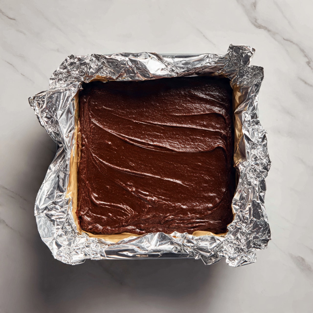 The image shows a square glass baking dish lined with crumpled aluminum foil. Inside the dish is a single thick, smooth layer of dark brown chocolate batter, evenly spread and filling the whole dish. The dish is placed on a white marbled surface. The chocolate layer has a shiny, slightly textured surface, with some small uneven spots near the edges. photo taken with an iphone --ar 4:5 --v 7
