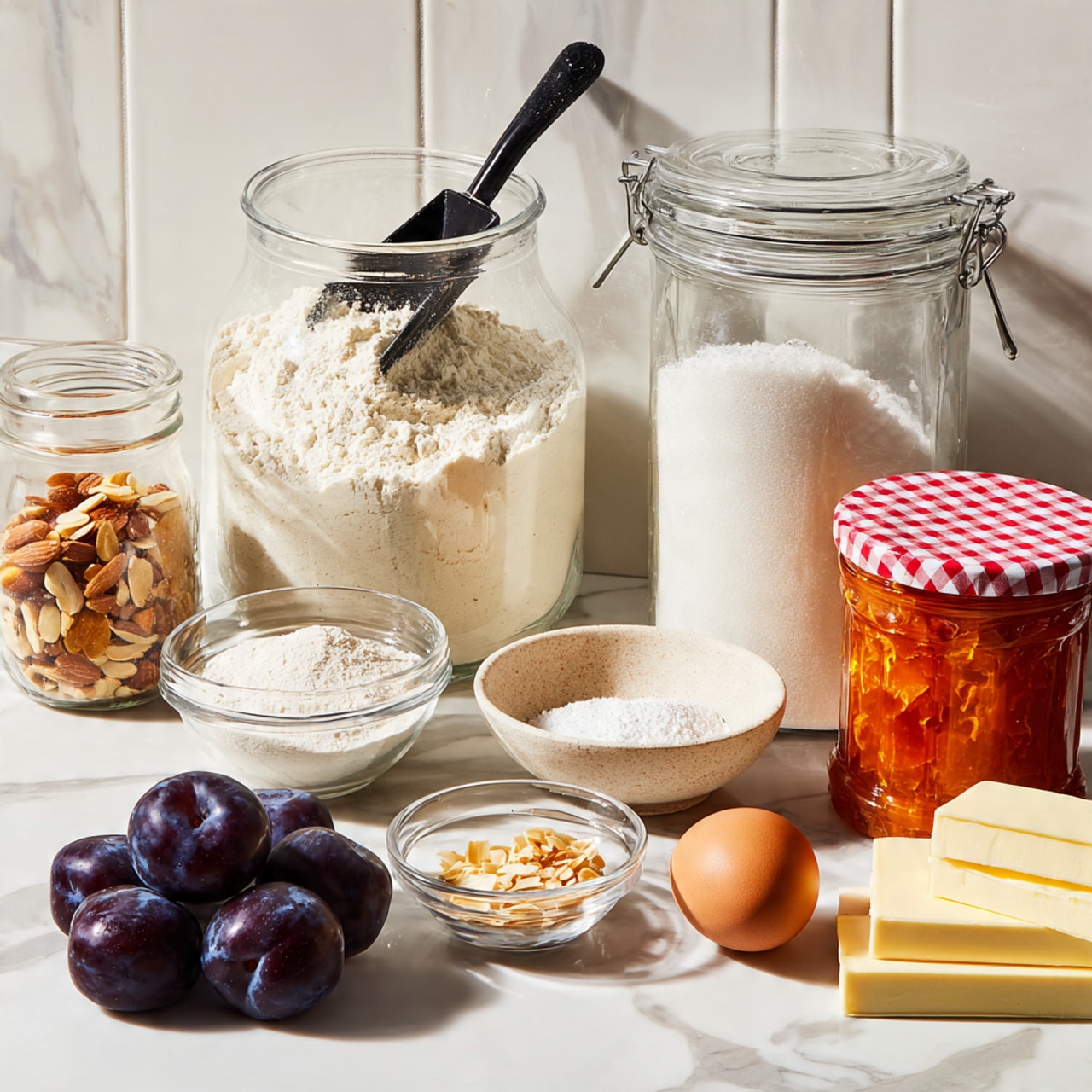 The image shows ingredients on a white marbled surface, including a large glass jar filled with white flour and a black scoop inside it, next to an empty large glass jar. There is a small glass bowl with sliced almonds, a small glass bowl with a brown spice, and a beige marble bowl filled with white sugar. Four fresh, dark purple plums are placed in front of these bowls. On the right side, there is a jar of orange apricot preserves with a red and white checkered lid, and two sticks of unsalted butter wrapped in white paper. There is also one brown egg lying near the small bowls. The background is a white tiled wall. photo taken with an iphone --ar 4:5 --v 7
