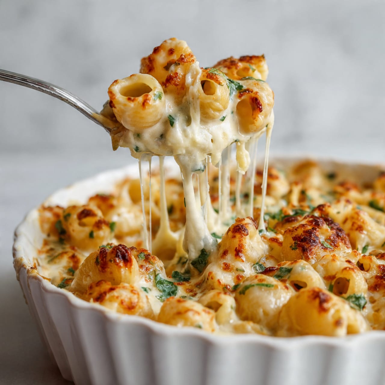A close-up of a creamy mac and cheese dish with pale golden pasta shells coated in a smooth, slightly melted cheese sauce with bits of green herbs scattered throughout. The pasta is being lifted by a metal spoon from a white baking dish with a fluted edge, showing gooey cheese strands stretching from the dish to the spoon. The background is a soft, out-of-focus white marbled texture, highlighting the rich texture and warm colors of the mac and cheese. photo taken with an iphone --ar 4:5 --v 7