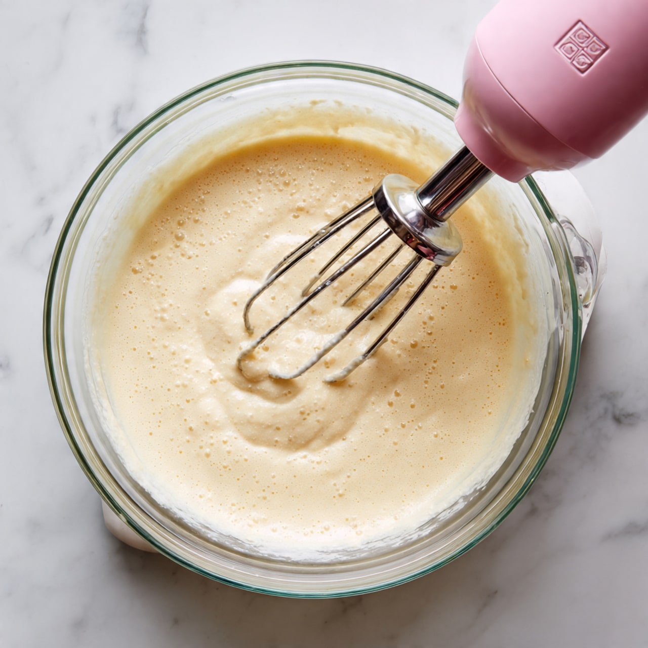 A clear glass bowl sits on a white marbled surface, filled with a pale creamy yellow batter being mixed by a pink electric hand mixer. The batter looks smooth and slightly thick, with small bubbles on the surface. The two metal beaters of the mixer are spinning, creating swirl patterns in the batter. The photo is taken from above, showing the round shape of the bowl and the grayish shadows inside it. Photo taken with an iphone --ar 4:5 --v 7