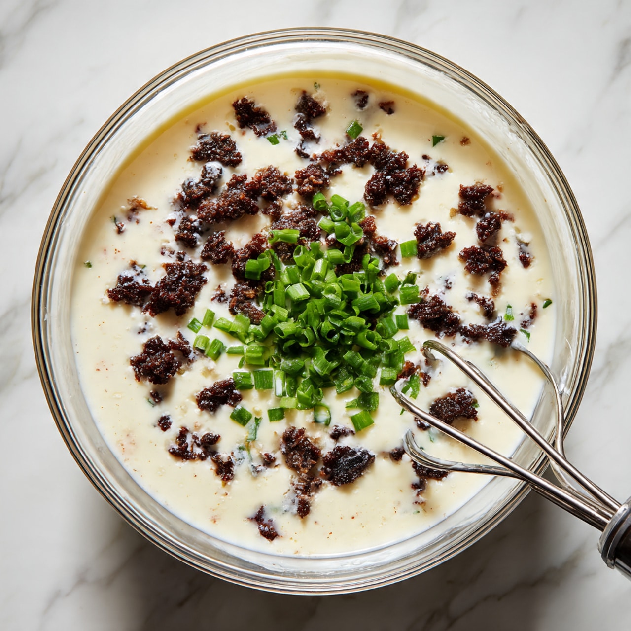 A clear glass bowl sits on a white marbled surface, filled with a thick white creamy mixture as the base layer. On top, there are small dark brown pieces scattered unevenly across the creamy base. In the center and slightly towards the front, a small pile of finely chopped bright green scallions adds a fresh color contrast. A metal electric mixer with two beaters is partially immersed in the mixture on the right side, ready to blend the ingredients. photo taken with an iphone --ar 4:5 --v 7