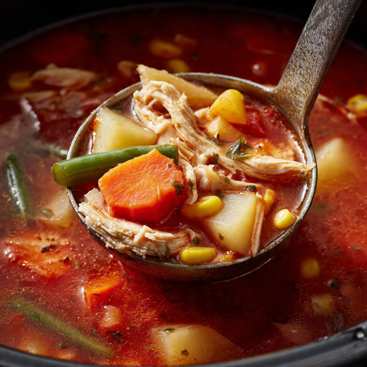 A white ceramic bowl filled with a vibrant red tomato-based soup that has a thick, chunky texture. The soup contains visible layers of shredded light brown chicken, green bell pepper slices, small yellow corn kernels, and small carrot cubes all immersed in the rich broth, with a sprig of fresh green parsley garnish on top. A silver spoon rests inside the bowl, partially submerged in the soup on the right side. Behind the bowl, there is a white plate holding three golden-brown cornbread muffins in paper liners, sitting on a white marbled surface. Photo taken with an iphone --ar 4:5 --v 7