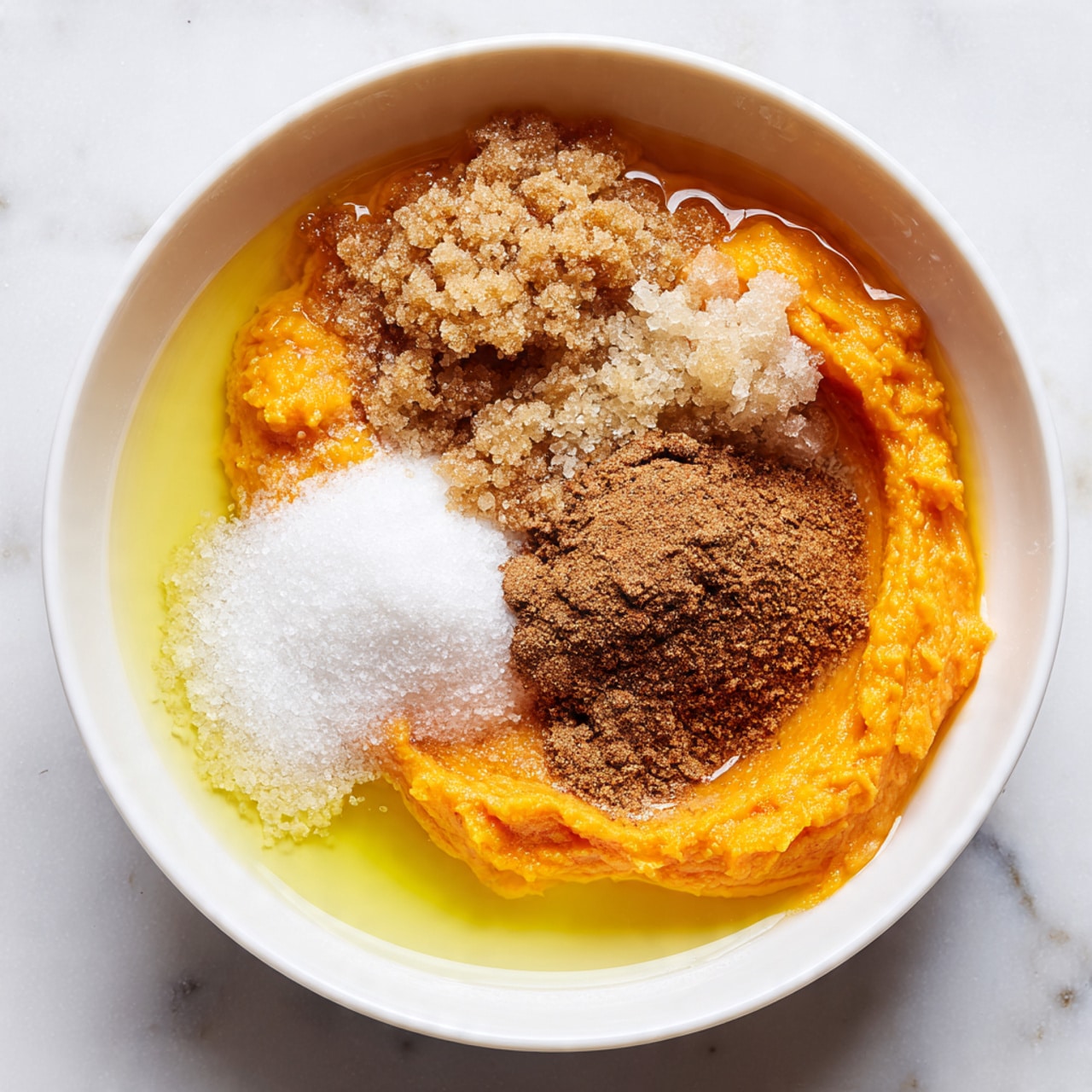 A white bowl holds several layers of ingredients arranged side by side. At the bottom, there is a thick orange layer that looks soft and smooth, likely mashed sweet potatoes. Surrounding it, there is a shiny, translucent yellow liquid, probably melted butter or oil. On top of the orange layer and liquid, there are three piles of sugar: one is light brown and grainy, another is fine white granulated sugar, and the third is a darker brown sugar clumped together. In the center of these sugars, there is a small mound of brown powder, likely cinnamon or another ground spice. The bowl sits on a white marbled surface. photo taken with an iphone --ar 4:5 --v 7