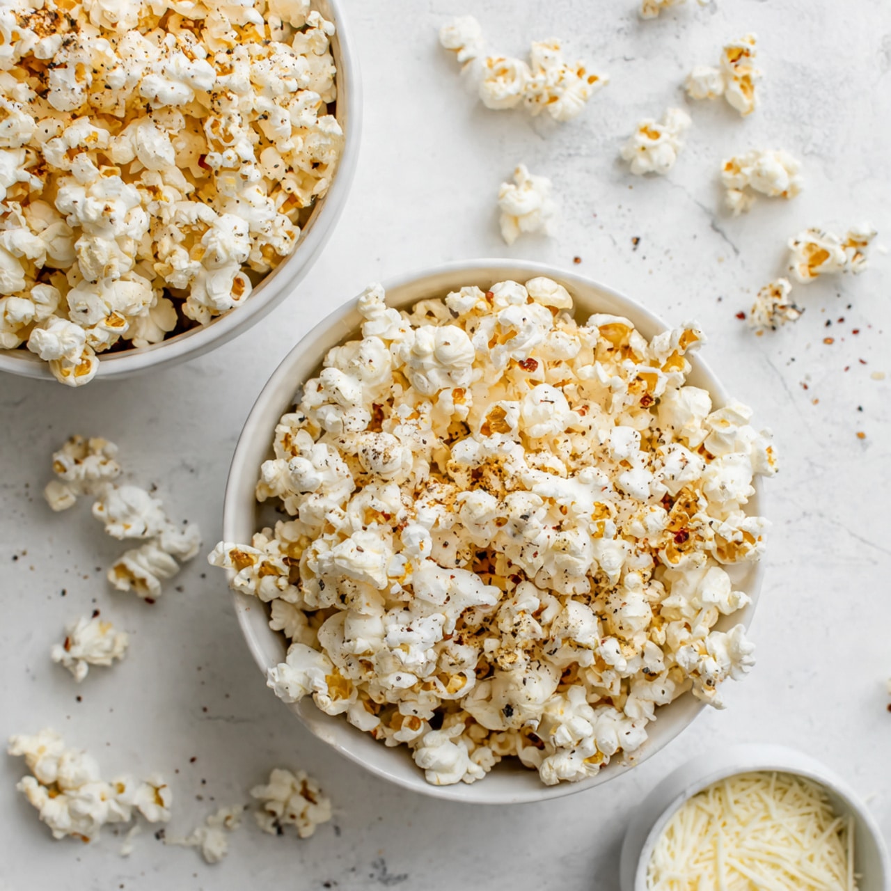 Two white bowls filled with popcorn seasoned with black pepper and some reddish spices. The popcorn is fluffy with a mix of white and light yellow colors, some pieces showing slight brown spots from cooking. One bowl is placed near the top left corner, partially cropped, and another bowl is centered more toward the middle right side. Scattered popcorn pieces surround the bowls on a white marbled textured surface. At the bottom right, a third small white bowl contains finely grated white cheese. Photo taken with an iphone --ar 4:5 --v 7