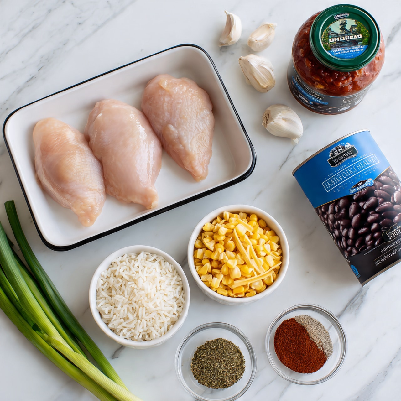 Two raw chicken pieces lie side by side in a white rectangular dish with black trim at the top left. To the right of the dish, a jar of thick and chunky salsa with a green lid stands next to a can of black beans featuring a blue label and a photo of black beans on the front. Next to these, a few green onions and two garlic cloves rest on the white marbled surface. Below the chicken, there are three white bowls, each filled with a different ingredient: white rice on the left, yellow corn kernels in the middle, and shredded orange cheddar cheese on the right. To the right of these bowls, a small clear glass bowl holds various ground spices in earthy shades of red, brown, and green. Everything is arranged neatly on a white marbled background. photo taken with an iphone --ar 4:5 --v 7