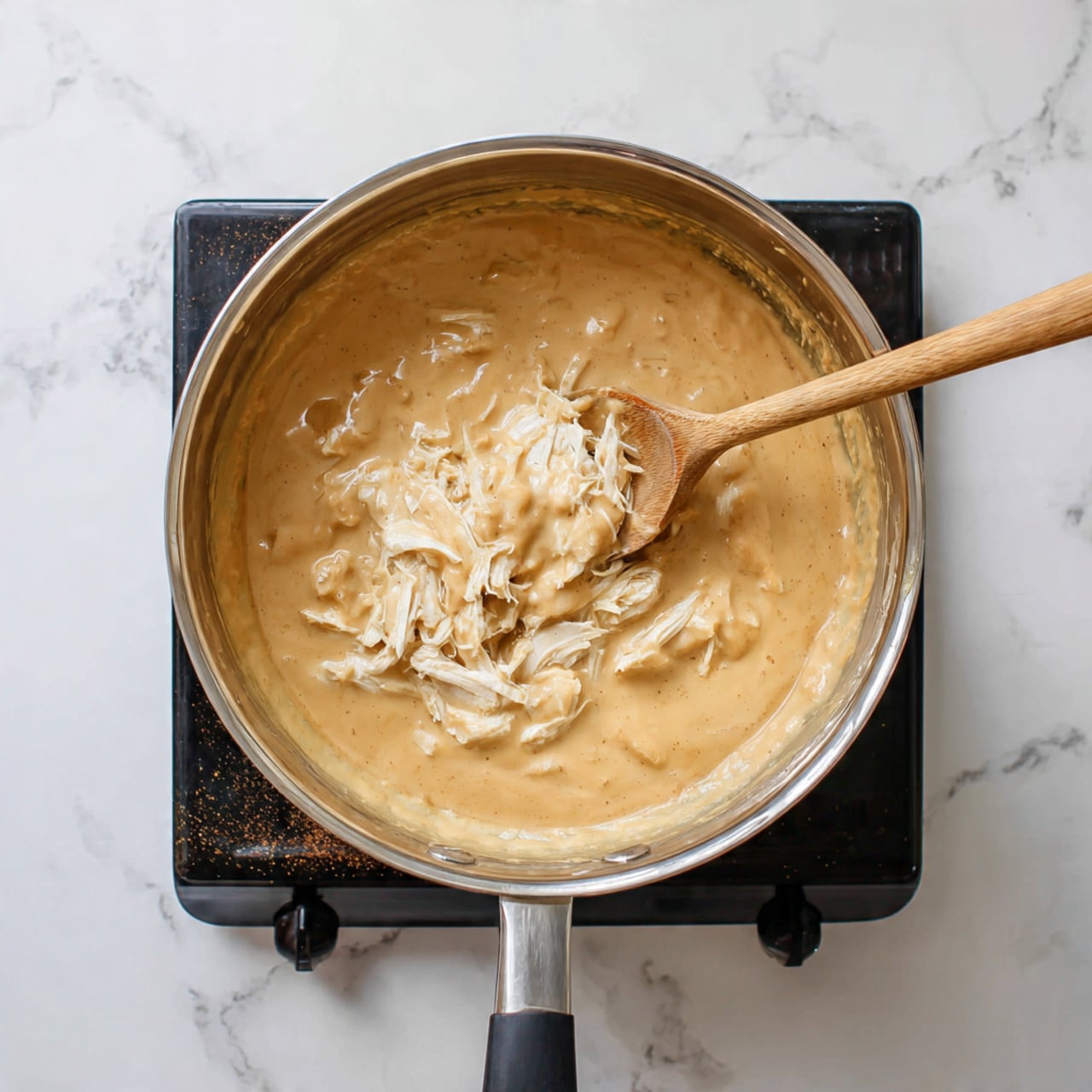 A shiny metal pot sits on a black stove burner with a wooden spoon stirring inside it. The pot contains a thick, creamy beige sauce that fills most of the pot, and there are white, shredded pieces of cooked chicken layered in the middle being mixed into the sauce. The stove has visible black grates and a little grime, and the countertop next to the stove is a white marble texture with gray veins. photo taken with an iphone --ar 4:5 --v 7