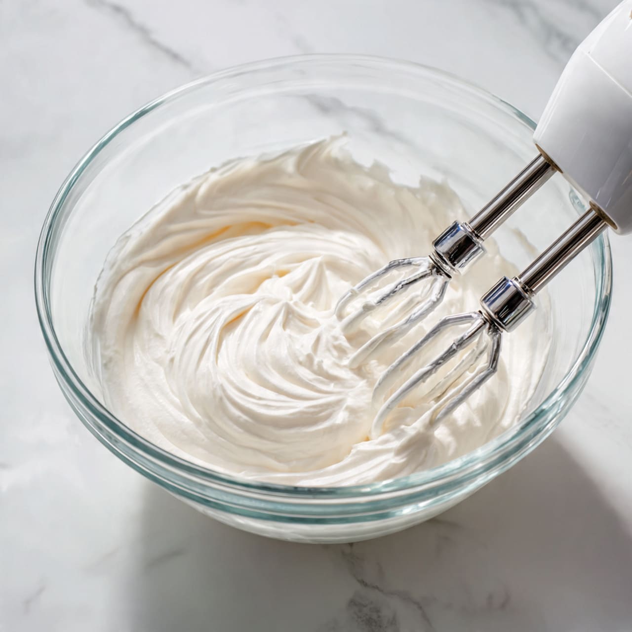 A clear glass mixing bowl filled with smooth, creamy white whipped cream stands on a white marbled surface. Inside the bowl, two shiny metal beaters from a white electric hand mixer rest lightly on the soft whipped cream, showing soft peaks and light swirls in the texture. The scene is well-lit, highlighting the glossy and airy texture of the whipped cream. Photo taken with an iphone --ar 4:5 --v 7