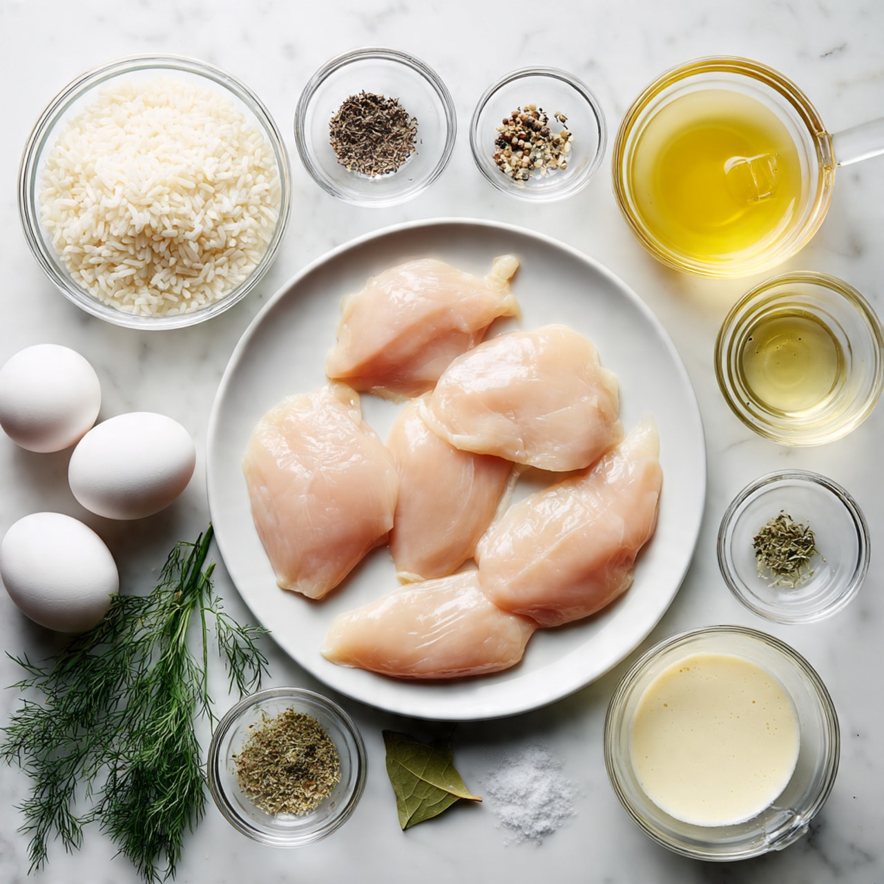 The image shows a white plate in the center with five raw chicken fillets, each pale pink and smooth, arranged in a loose circle. Around the plate, there are glass bowls and small clear dishes with ingredients including white rice in a medium glass bowl at the bottom left, white eggs grouped to the left, and small bowls of various spices like black pepper and salt. A bay leaf lies near the top right, next to a small glass bowl with a light yellow liquid. There are also larger glass measuring cups containing light yellow broth and white cream to the right side. Fresh green dill rests near the eggs on the white marbled surface, creating a clean and bright cooking setup. photo taken with an iphone --ar 4:5 --v 7