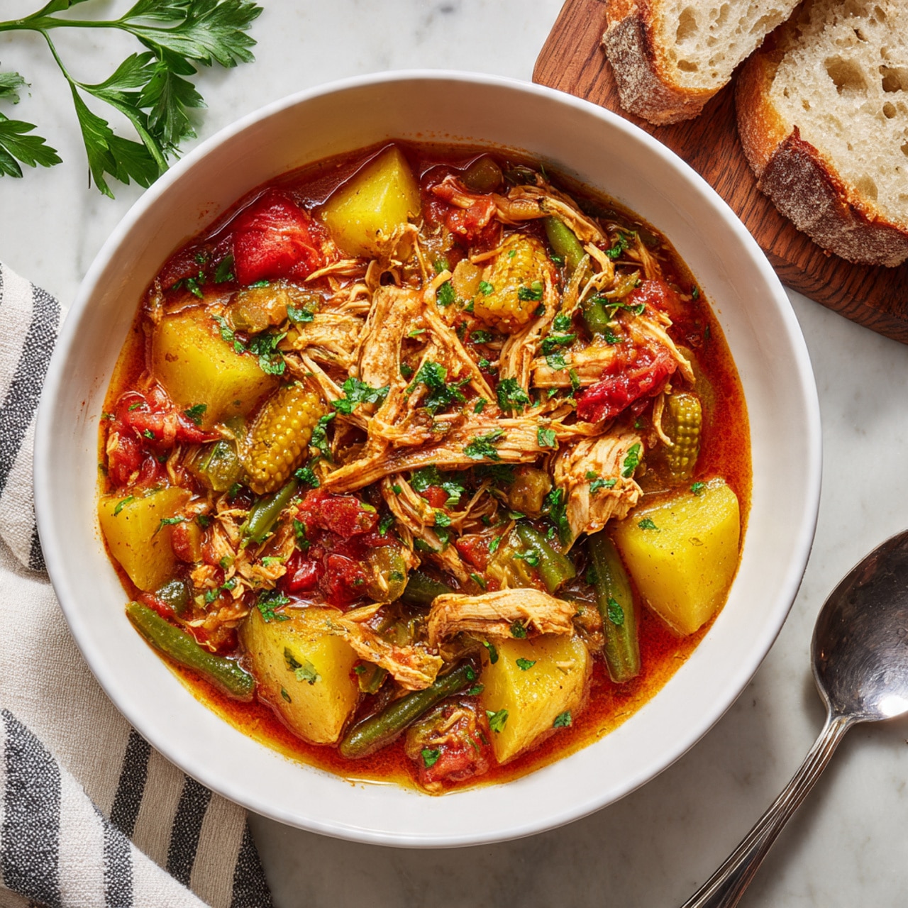 The image shows a white bowl filled with a chunky soup placed on a white marbled surface. The soup has a red tomato base with large pieces of light yellow potatoes, bright yellow corn, green lima beans, and shredded light brown chicken mixed throughout. Small bits of green herbs are sprinkled on top. The bowl is accompanied by a piece of torn bread on the right side and a silver spoon resting on a white cloth with black stripes. The overall look is warm and hearty with a colorful mix of ingredients. photo taken with an iphone --ar 4:5 --v 7