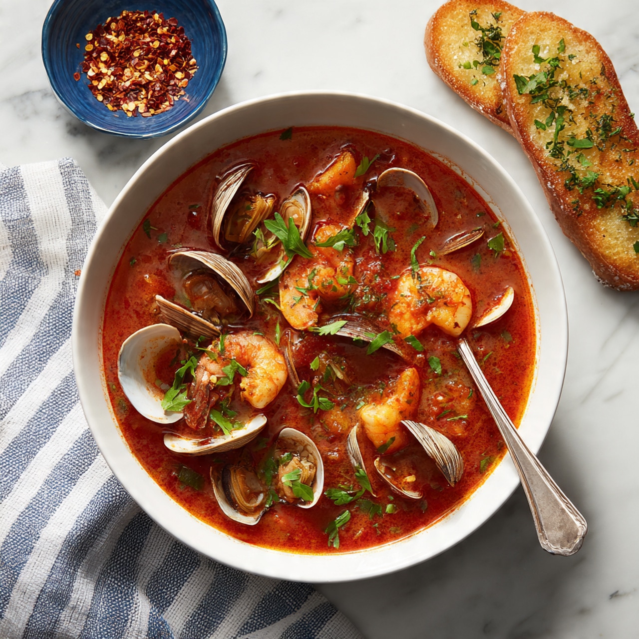 A black pot filled with a rich, red tomato broth with visible herbs. In the broth, there are many pink shrimp with curved bodies, some with tails still on. Also, a few clam shells float in the soup. A wooden spoon is inside the pot, stirring from the right side. The pot is placed on a white marbled surface. The pot handles are light gray with the word