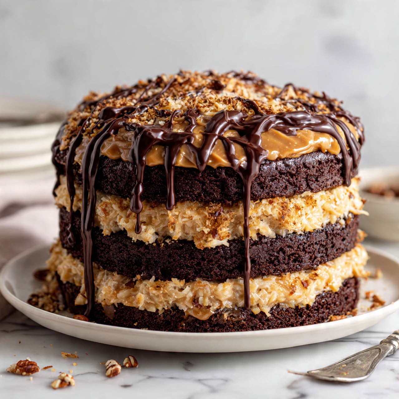 A three-layer chocolate cake sits on a white plate, each dark brown cake layer separated by a thick, textured golden caramel filling with visible bits of nuts or coconut. The top layer is covered fully with the same caramel filling, and dark chocolate syrup is drizzled over the top in irregular lines that drip down the sides. The cake looks moist with a rough caramel texture on top and between the layers. Around the plate, some pecan nuts scatter on a white marbled surface. A white plate and cake scraper blurred in the background complete the scene. photo taken with an iphone --ar 4:5 --v 7