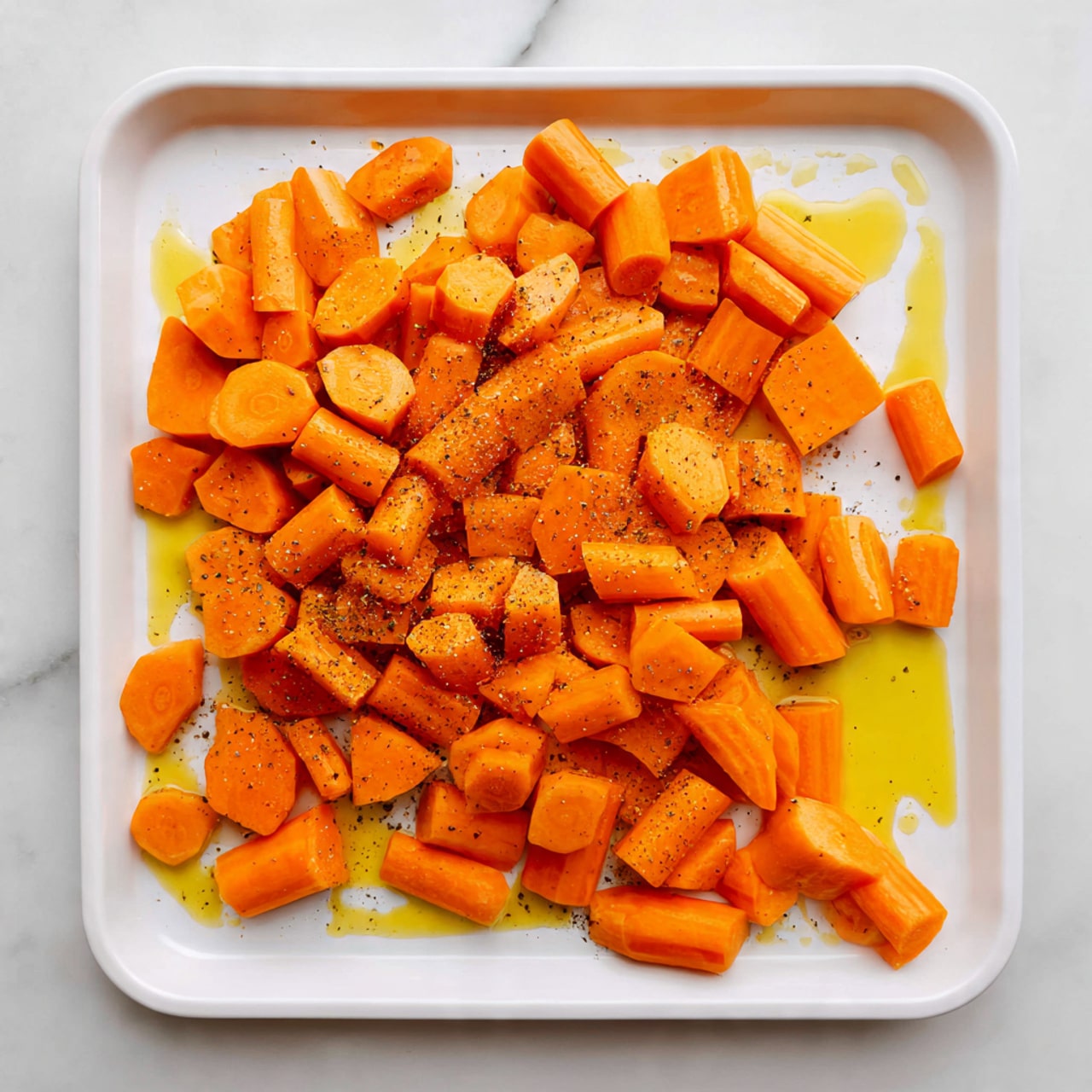 The image shows a white rectangular tray filled with chopped bright orange carrots scattered unevenly across the tray. The carrots are cut into thick chunks of different sizes. In the center, there is a small pool of golden yellow olive oil surrounded by a sprinkling of black pepper on the carrots. The tray is placed on a white marbled surface. The overall look is simple and fresh with a focus on the vibrant orange color of the carrots. photo taken with an iphone --ar 4:5 --v 7