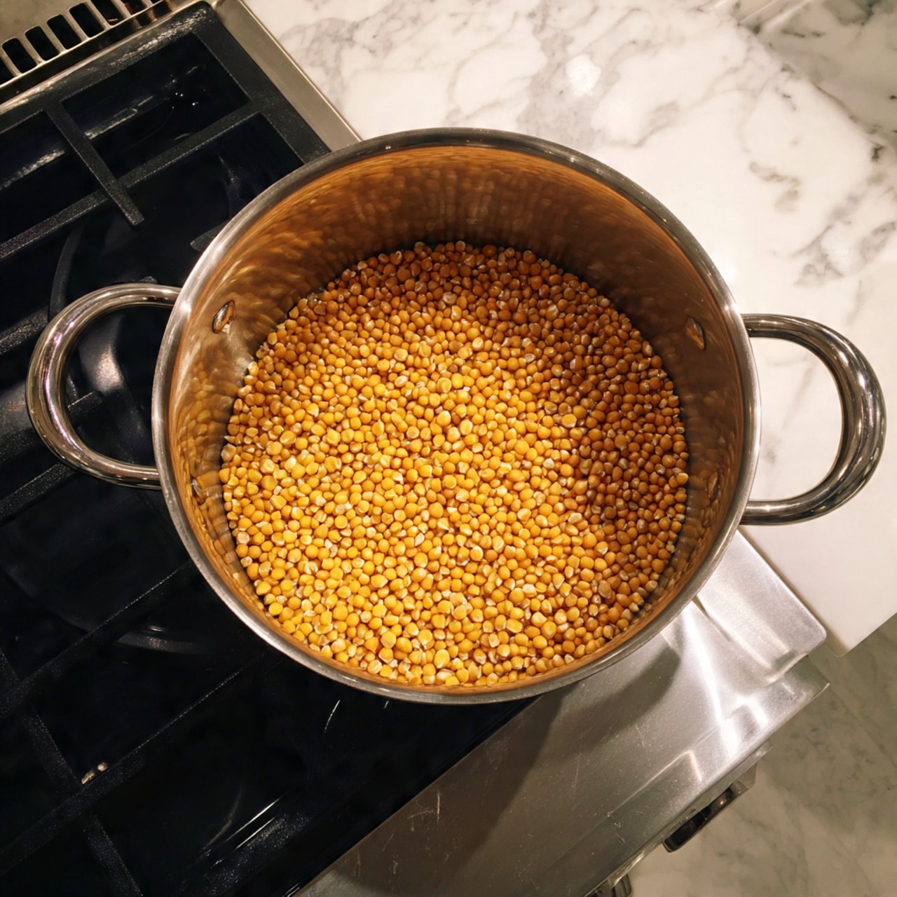 A large silver pot sits on a black stove burner, filled with a single layer of small, round yellow popcorn kernels spread evenly at the bottom. The pot has two metal handles on either side and a smooth shiny surface. The white marbled counter is partially visible next to the stove, providing contrast to the metal pot and black stove. photo taken with an iphone --ar 4:5 --v 7