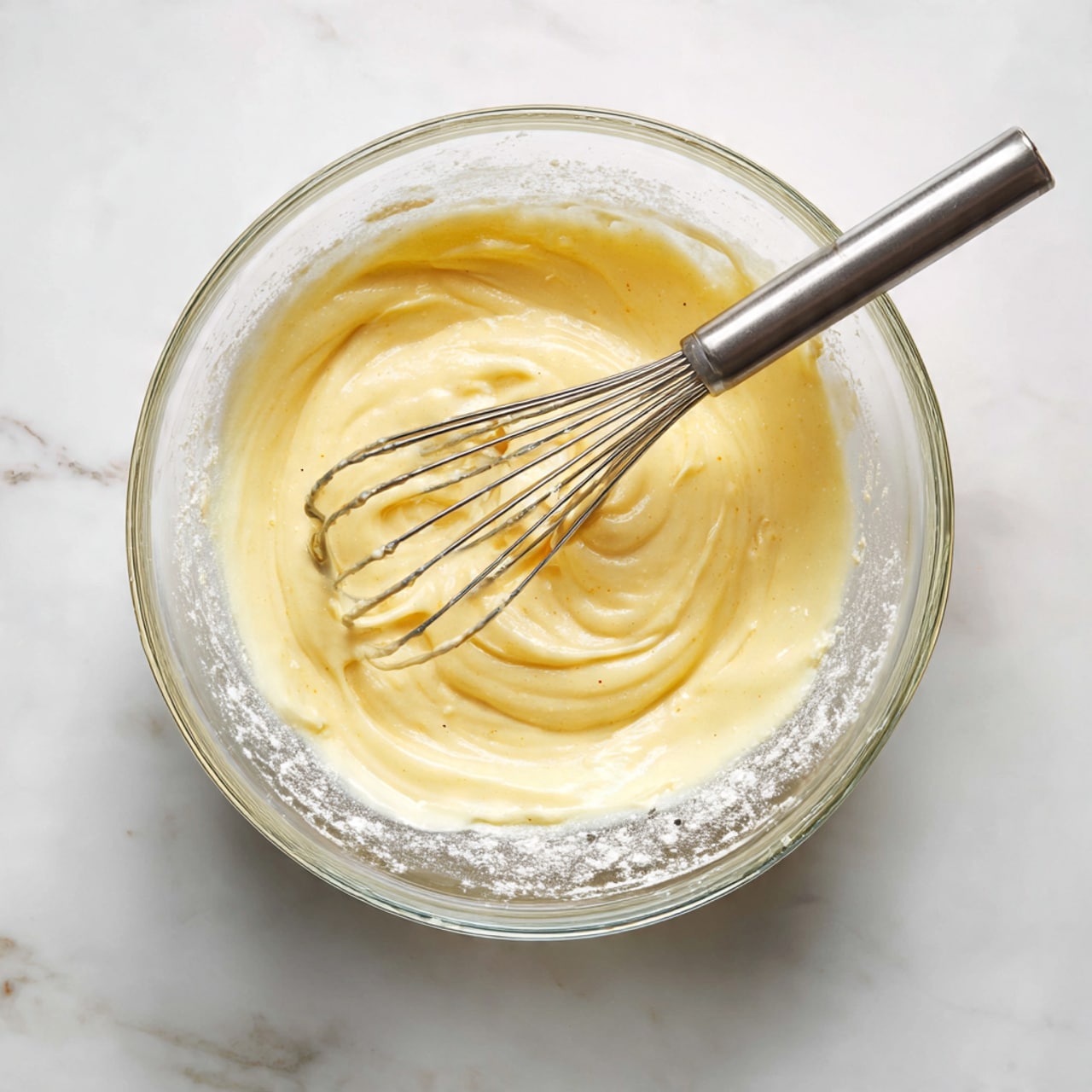 A clear glass bowl sits on a white marbled surface filled with light yellow batter that has a smooth and creamy texture. Inside the bowl, a metal whisk with a simple handle rests, partially immersed in the batter, showing soft peaks and slight movement. The edges of the bowl show some flour residue, contrasting with the creamy batter inside. photo taken with an iphone --ar 4:5 --v 7