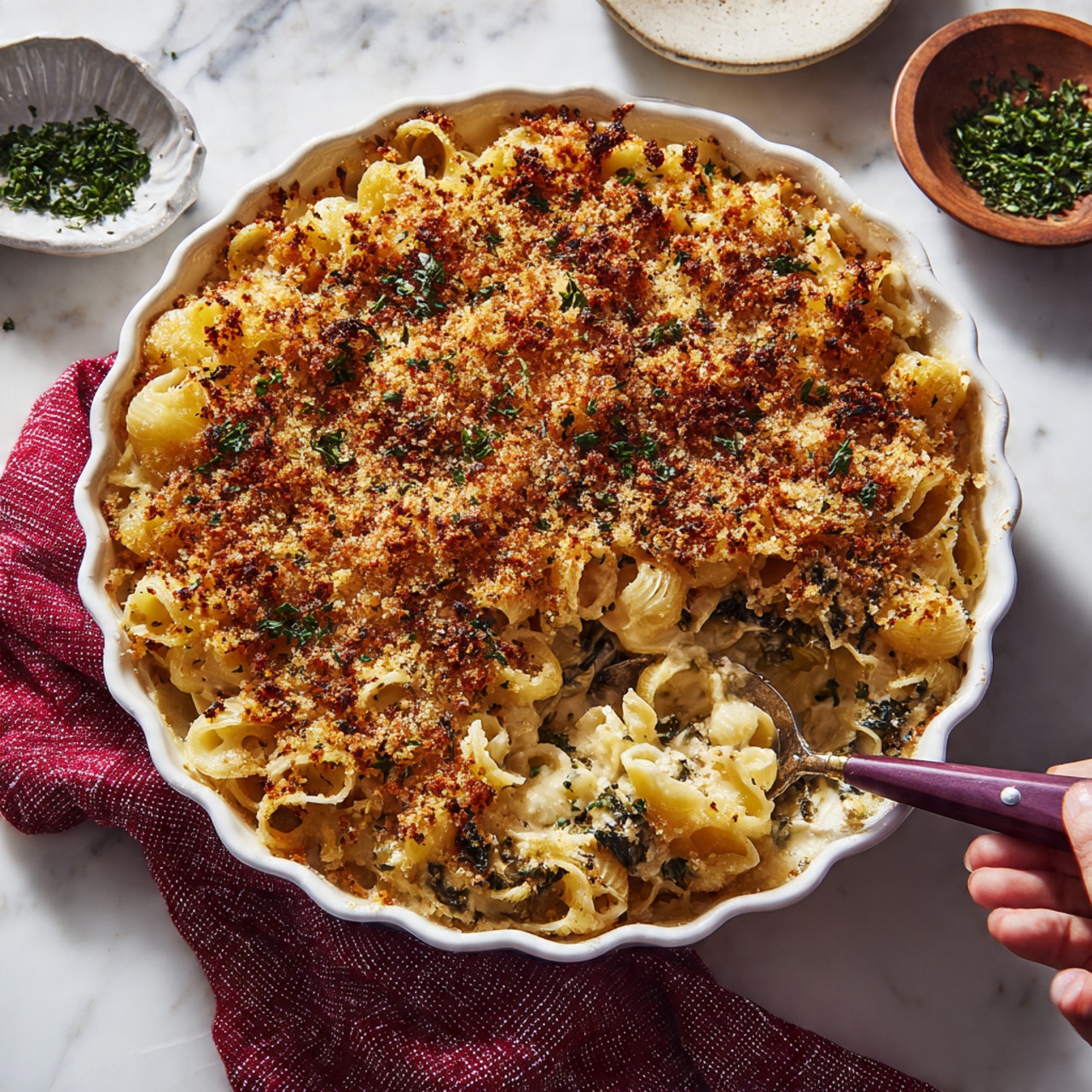 A white ornate baking dish filled with creamy baked macaroni and cheese, showing three visible layers: a top layer of golden brown melted cheese with a sprinkle of herbs and breadcrumbs, a middle creamy cheesy layer with small bits of dark greens and browned pieces mixed in, and a bottom layer of tender pasta coated in rich sauce. A purple-handled spoon is scooping a portion from the middle, revealing soft, shiny pasta beneath the crust. The dish rests on a white marbled surface, with a small white bowl of chopped herbs nearby and a red checkered cloth on the side, photo taken with an iphone --ar 4:5 --v 7