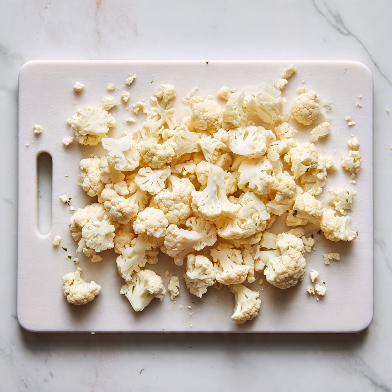 The image shows a single layer of small cauliflower pieces spread evenly on a white cutting board with rounded corners and a handle on the left side. The cauliflower pieces are mostly off-white with a slightly creamy texture, varying slightly in size and shape, and look fresh and clean. The cutting board rests on a white marbled surface with light grey veins, adding subtle texture in the background. There are some tiny bits of cauliflower scattered around the board edges, enhancing the natural feel of the preparation. photo taken with an iphone --ar 4:5 --v 7