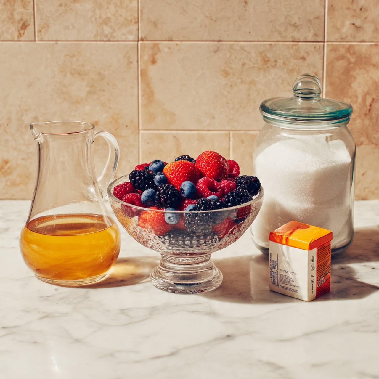 The image shows a white marbled surface with a clear glass bowl in the center filled with mixed berries, including red strawberries, dark blackberries, blue blueberries, and red raspberries. To the left of the bowl is a clear glass jug filled halfway with a light amber liquid. To the right of the bowl, there is a small orange-and-white box of gelatin standing next to a large clear glass jar filled with white sugar, topped with a clear glass lid. The background features light beige tiles. The image is clear and simple, with all items spaced evenly across the scene photo taken with an iphone --ar 4:5 --v 7