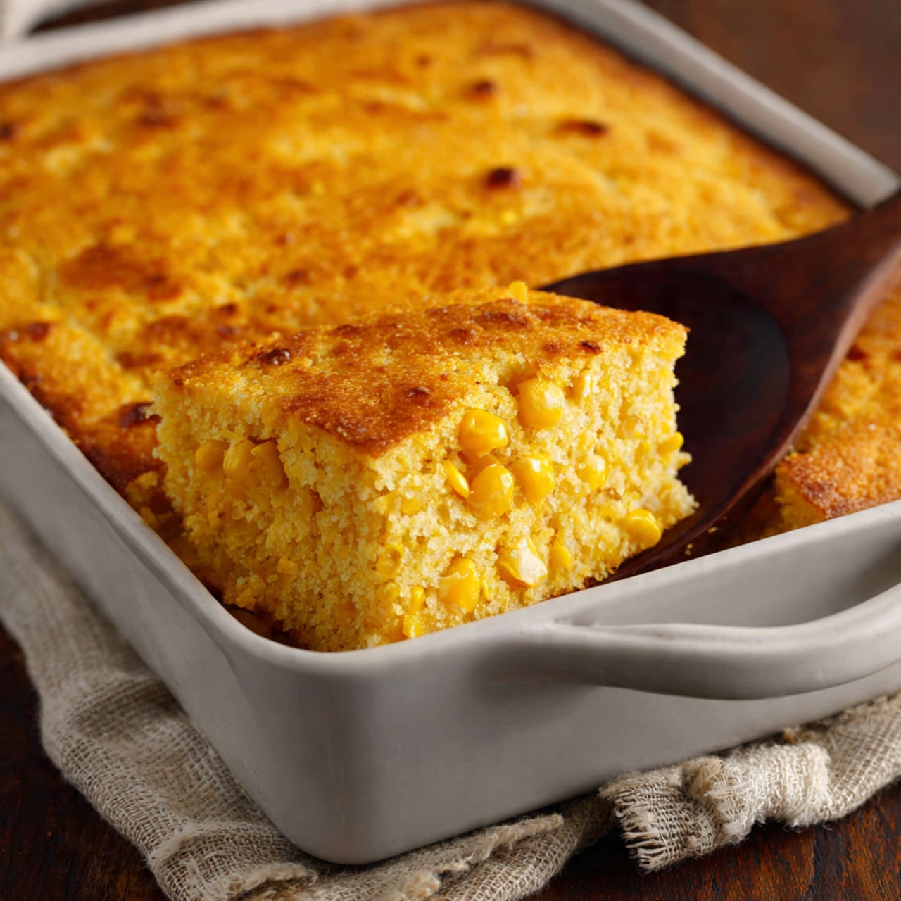 A close-up view of a white rectangular baking dish filled with a golden baked cornbread casserole. The casserole has a rough textured top layer with a warm yellow color and small brown spots from baking. One corner of the cornbread is scooped out, revealing a moist and chunky inside layer with visible whole corn kernels mixed into a soft, crumbly texture. A dark wooden spoon rests inside the dish, partially lifting the scooped portion. The baking dish is placed on a dark wooden surface with a beige textured cloth nearby. Photo taken with an iphone --ar 4:5 --v 7