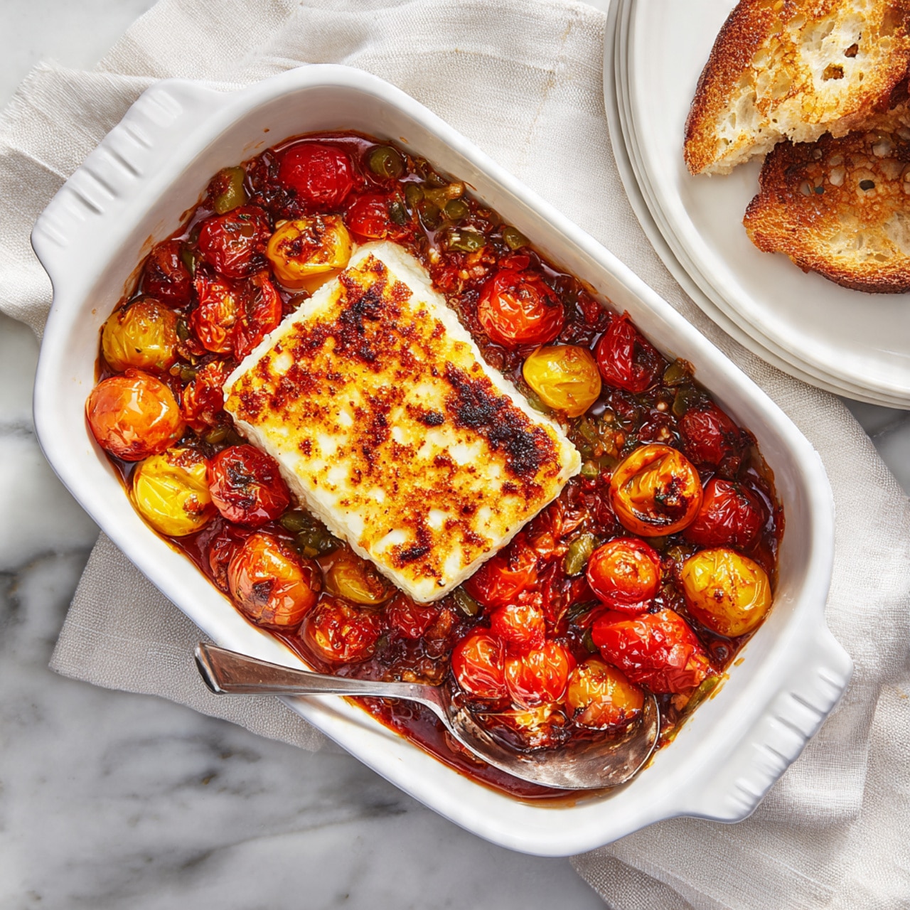 A white rectangular baking dish holds a cooked mixture with two main layers: the bottom layer is a colorful mix of roasted cherry tomatoes in red, yellow, and orange, combined with green capers, all coated in a rich, glossy red-orange sauce with dark roasted spots; on top rests a thick, square piece of browned, slightly charred cheese with a golden crust showing some darker blackened spots. A shiny metal spoon lies in the corner of the dish, resting on the tomato mixture. The dish is placed on a white marbled surface with a white cloth nearby and a white plate on the side holding torn pieces of toasted bread. Photo taken with an iphone --ar 4:5 --v 7