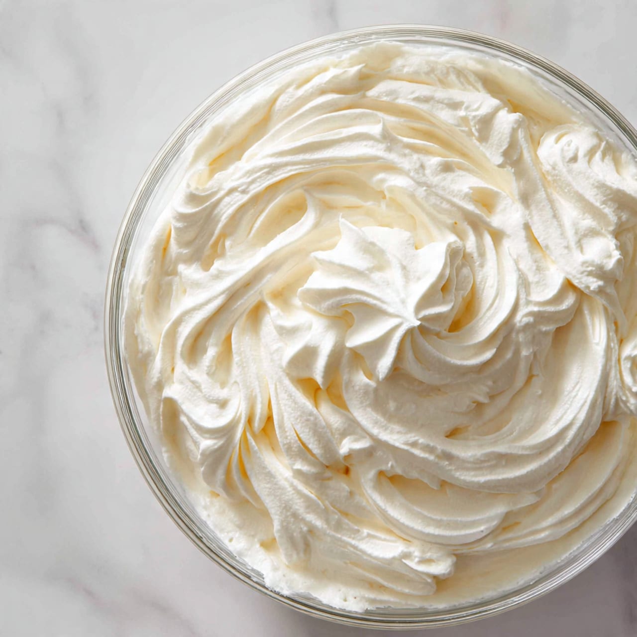 This image shows a close-up view of a single layer of thick, smooth whipped cream with soft peaks and gentle swirls. The whipped cream is a bright white color with a rich, fluffy texture, filling a clear glass bowl that sits on a white marbled surface. The clear bowl allows the whipped cream’s soft folds and slight shadows to be visible, giving depth to the creamy layer. photo taken with an iphone --ar 4:5 --v 7