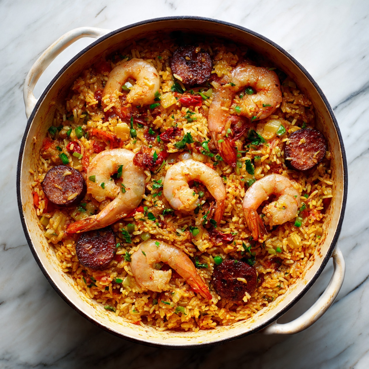 A round pot with two handles is filled with a rice dish featuring five large grayish shrimp spread across the top layer, giving a curved shape. Beneath the shrimp, there is orange-colored rice mixed with small red and white bits, likely vegetables and spices. Scattered through the rice are several round slices of dark brown sausage, adding contrast. The pot sits on a white marbled surface. photo taken with an iphone --ar 4:5 --v 7