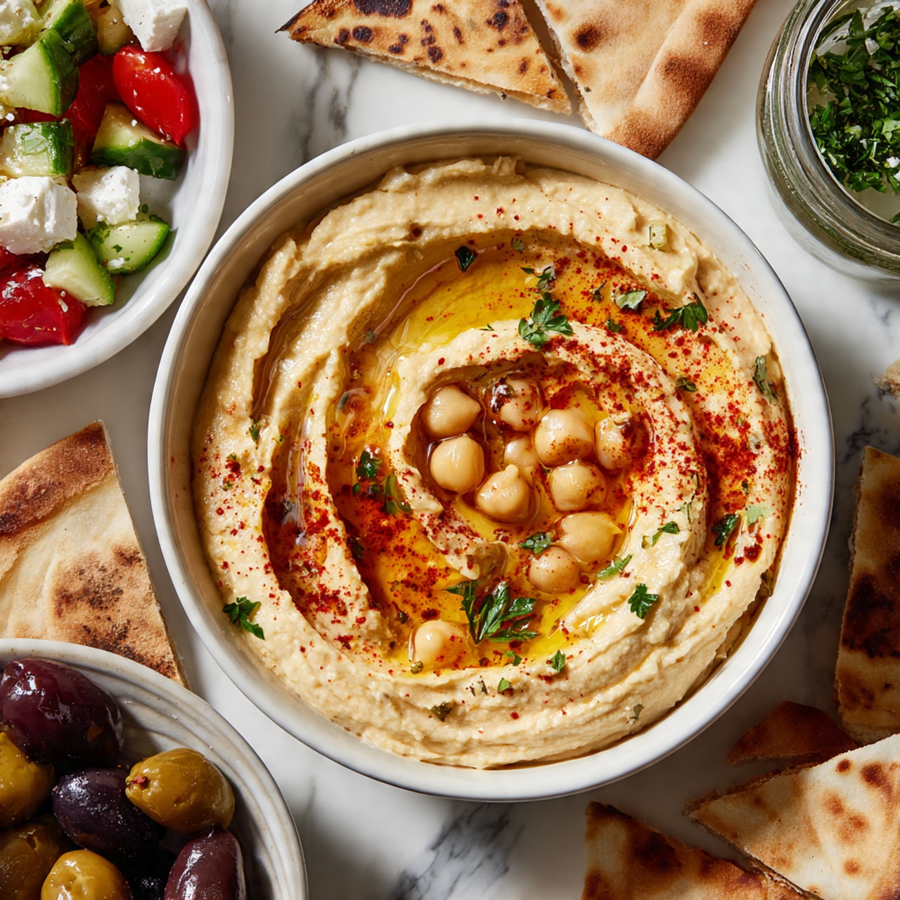 A bowl of creamy hummus fills the center with a smooth, pale beige base layer, swirled in a circular pattern. The top layer features a pool of golden olive oil in the center with whole chickpeas scattered inside it, sprinkled with bright red paprika and fresh chopped green parsley for color. Around the bowl, white pita bread triangles are casually placed, showing their soft, light-browned texture. Nearby are two white bowls; one filled with mixed dark and light purple olives and the other with a fresh salad of red cherry tomatoes, green cucumber pieces, and white cheese cubes, garnished with chopped herbs. The whole scene is on a white marbled surface. Photo taken with an iphone --ar 4:5 --v 7
