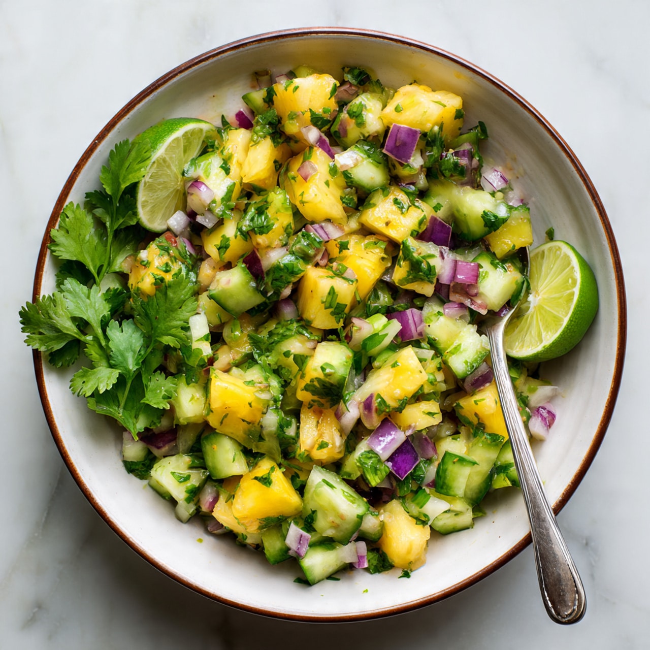 A white bowl with a brown rim holds a colorful salsa made of small, diced pieces of yellow pineapple, light green avocado, darker green cucumber, light purple onion, and sprinkled green cilantro. The salsa looks fresh and juicy with varied textures from soft to crunchy. A silver spoon rests inside the bowl on the right side, partially covered by the salsa. Around the bowl on a white marbled surface are fresh cilantro leaves and lime wedges cut into halves and quarters. The bright and fresh colors contrast nicely with the neutral background. photo taken with an iphone --ar 4:5 --v 7