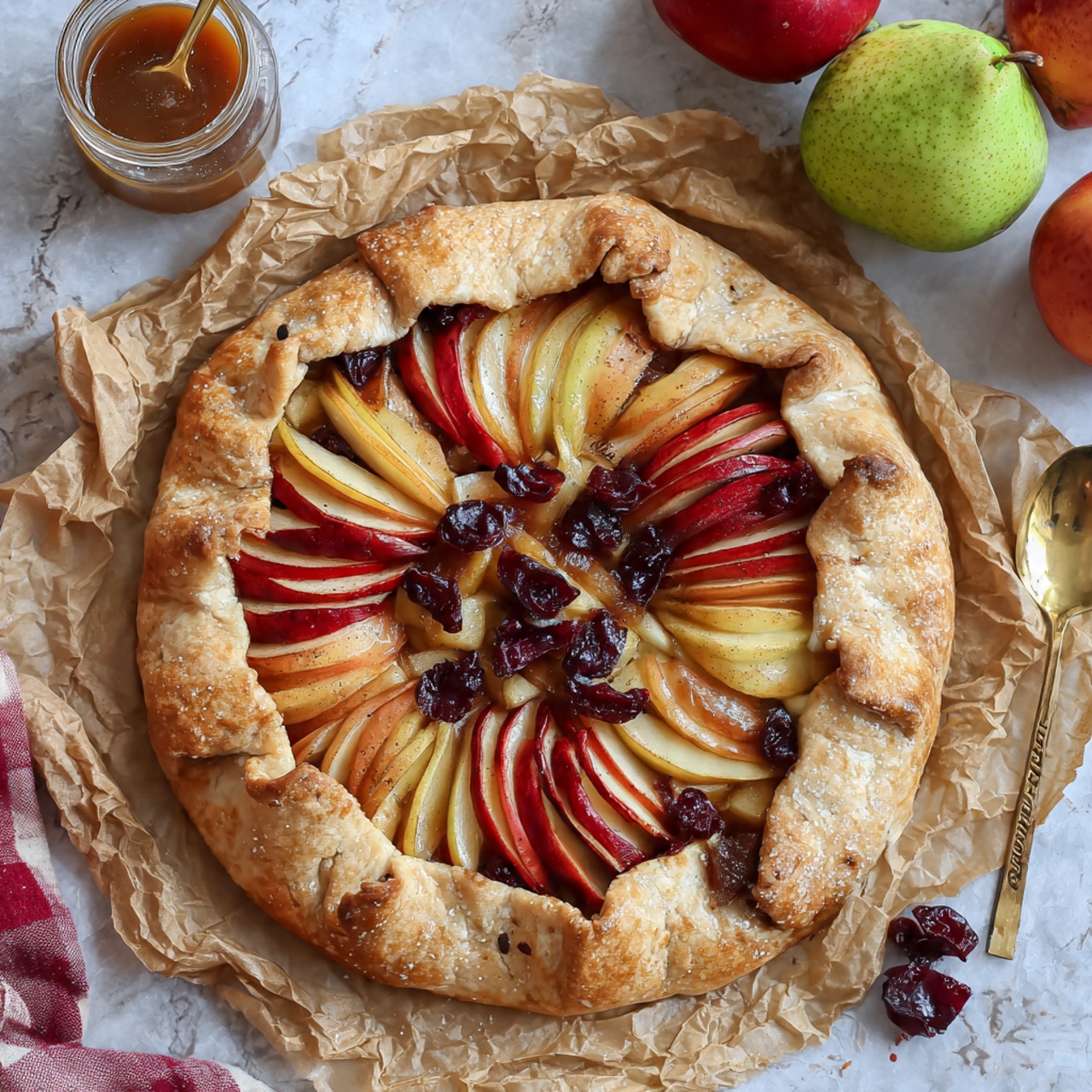 A slice of pear galette with three visible layers: a base layer of light golden, flaky crust that is folded over the edges, a middle layer of thin, soft yellow pear slices arranged in a swirl pattern, and a top layer of a light drizzle of shiny caramel sauce with a few small dark red dried fruit pieces scattered on top and around the pears. The slice sits on a simple white plate with drops of caramel sauce around it, placed on a white marbled surface. Photo taken with an iphone --ar 4:5 --v 7